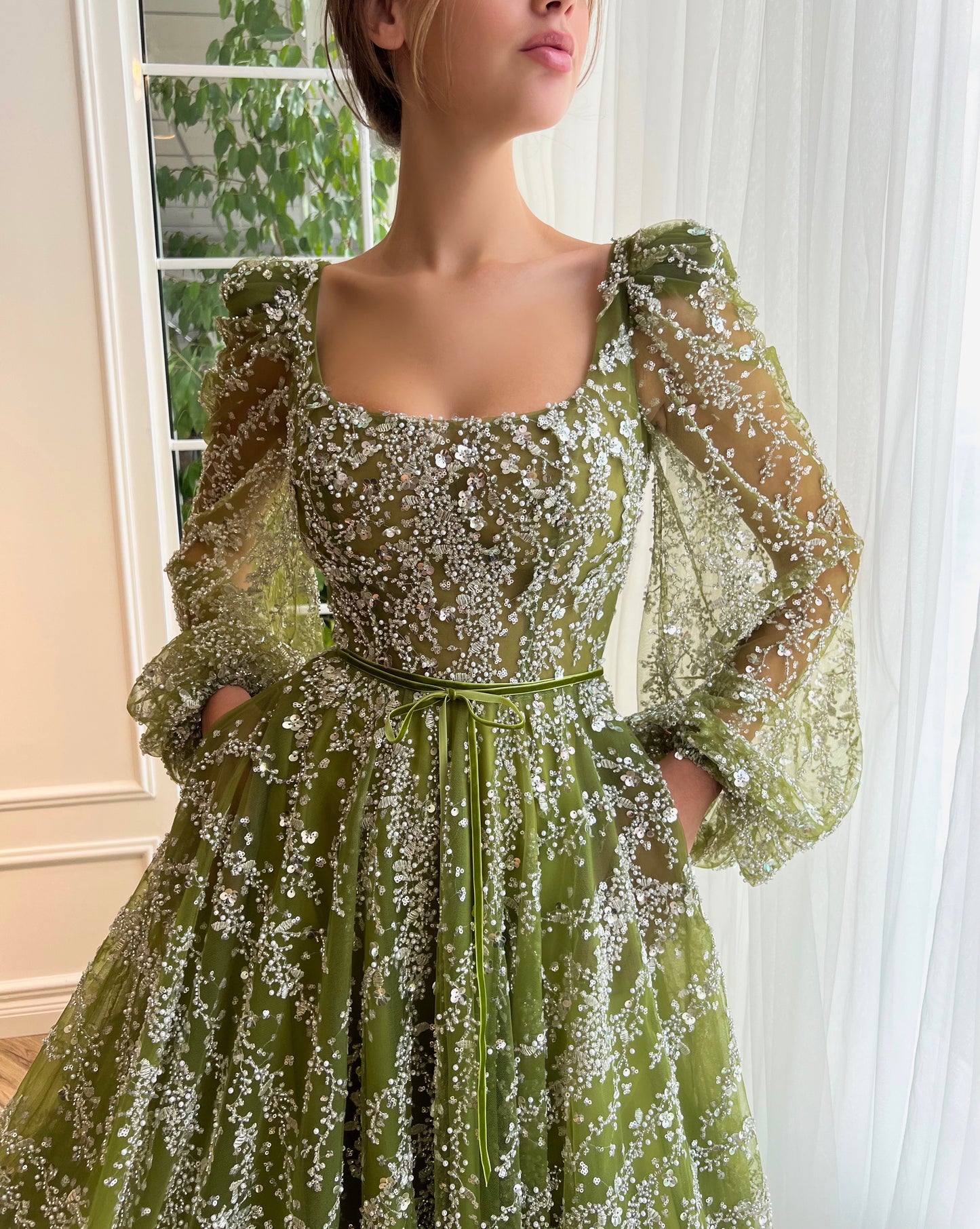 Green A-Line dress with long sleeves