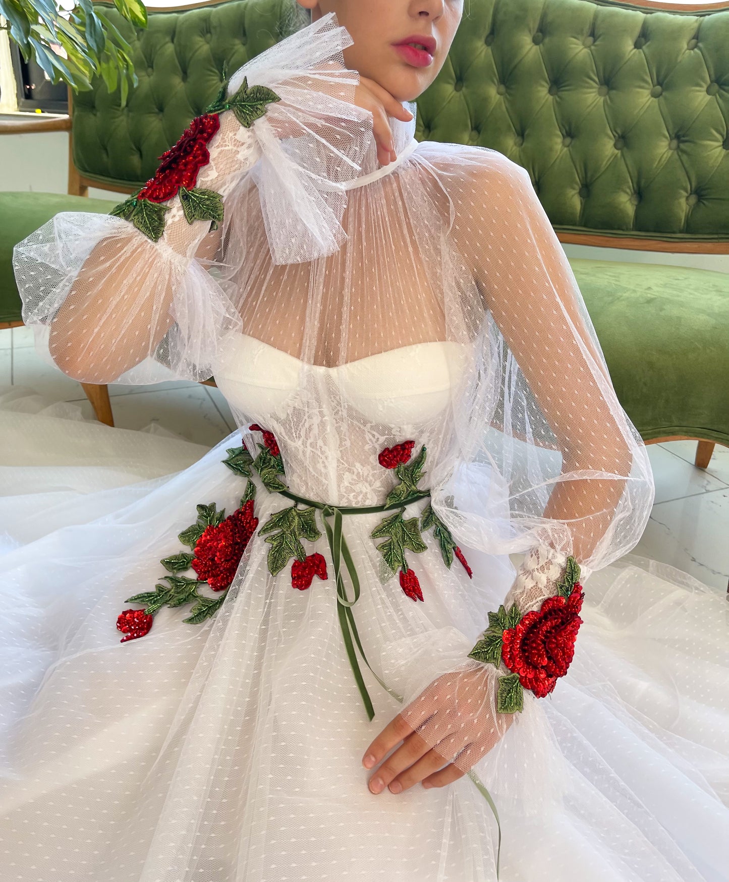 A Line white bridal dress with long sleeves and embroidered flowers