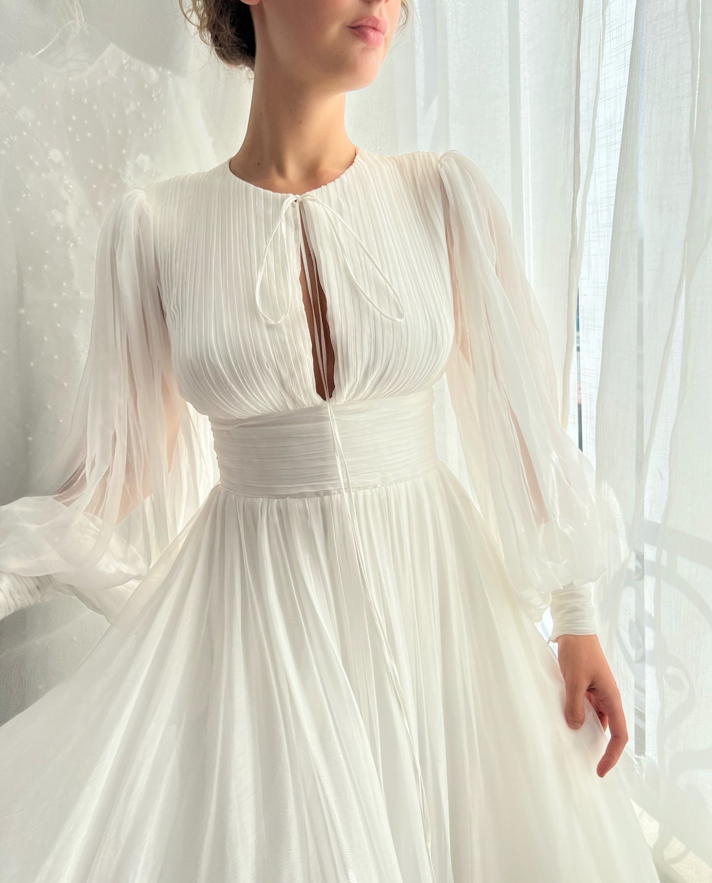 A Line plain white bridal dress with long sleeves