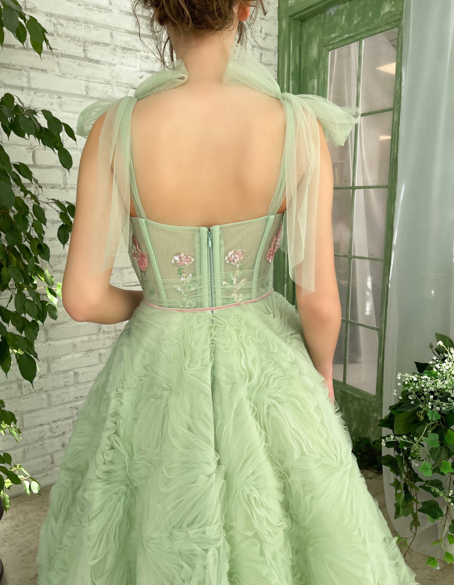 Green A-Line dress with bow straps and embroidery