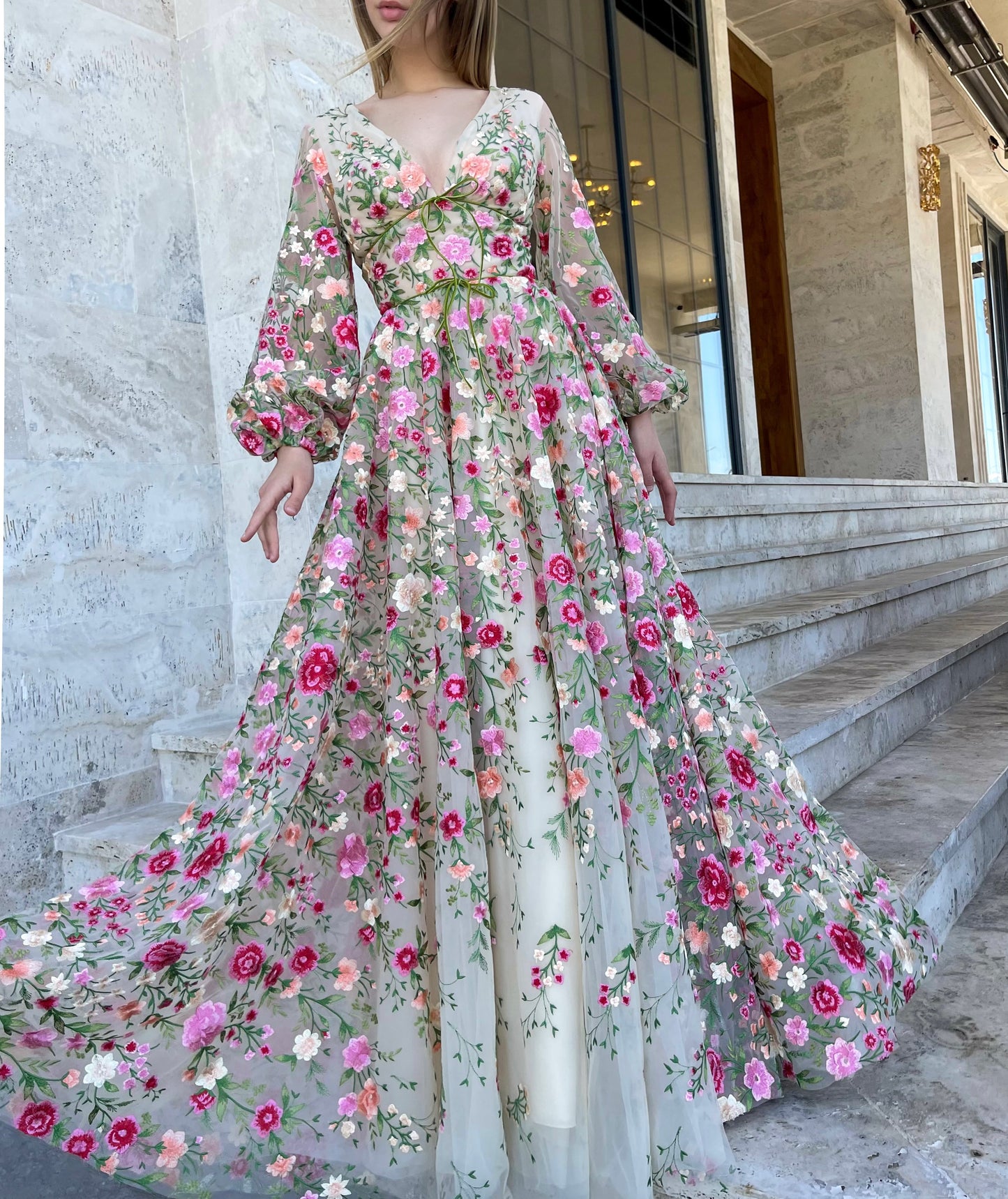 Beige A-Line dress with v-neck, long sleeves, embroidery and flowers