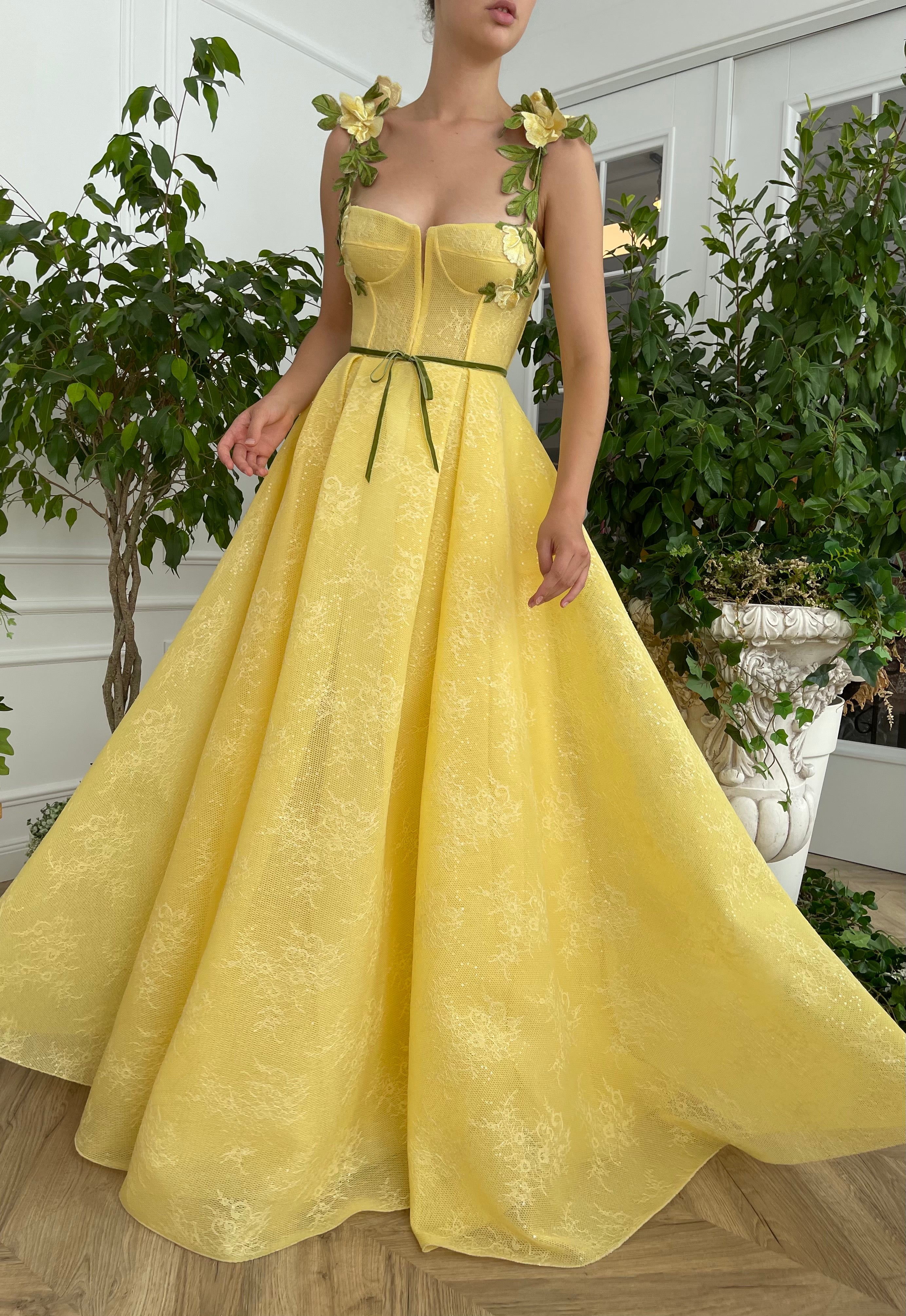 Yellow A-Line dress with embroidery and spaghetti straps