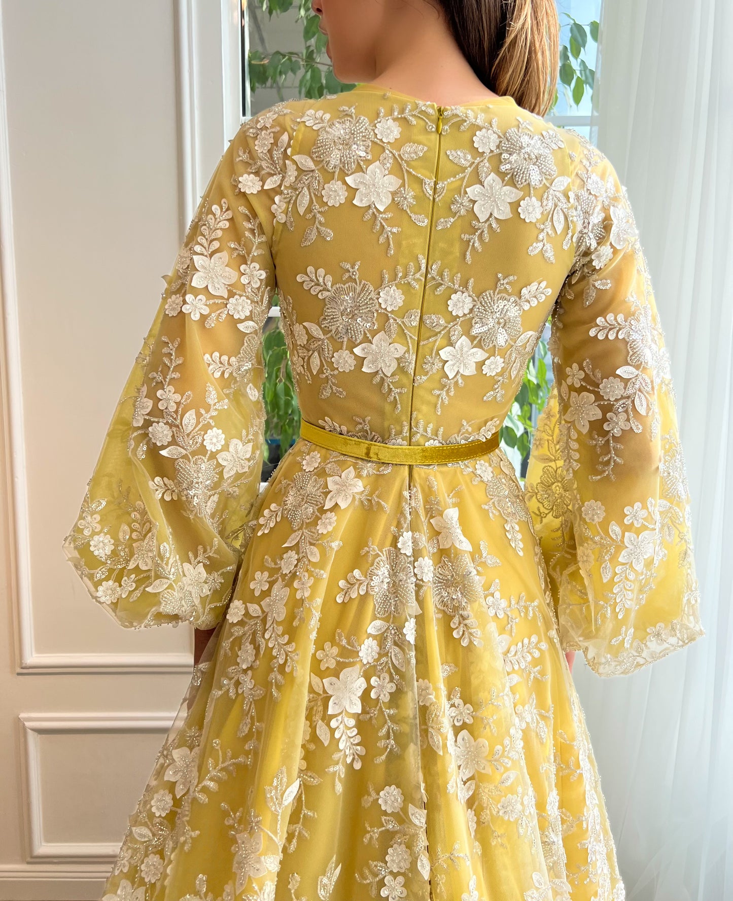 Yellow A-Line dress with belt, v-neck, embroidery and long sleeves