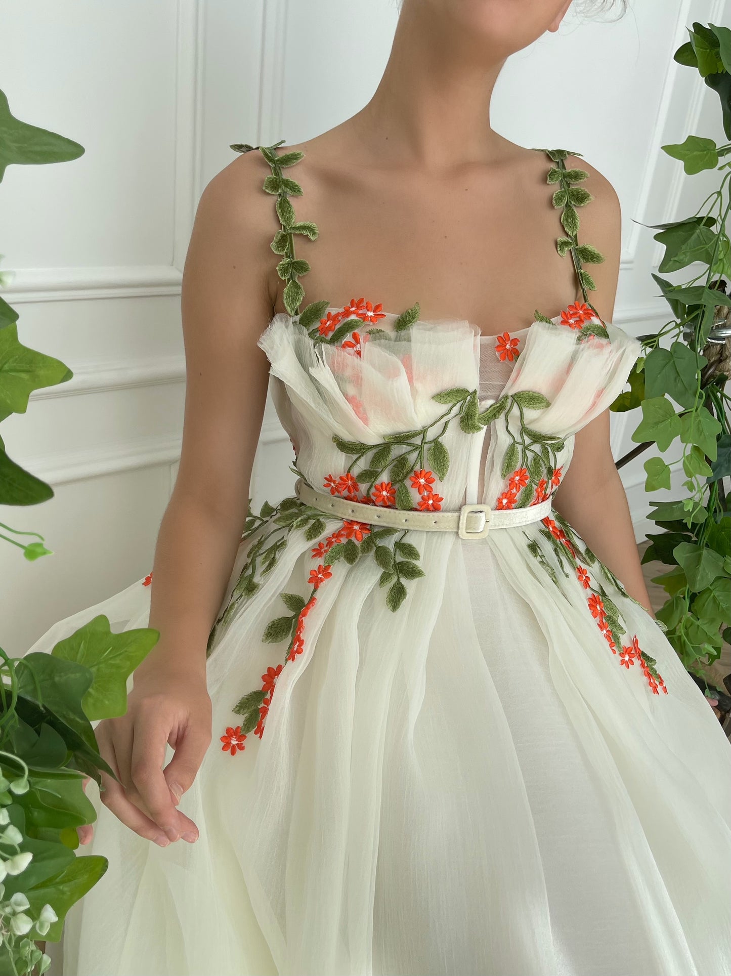 White bridal A-Line dress with belt, spaghetti straps and embroidery