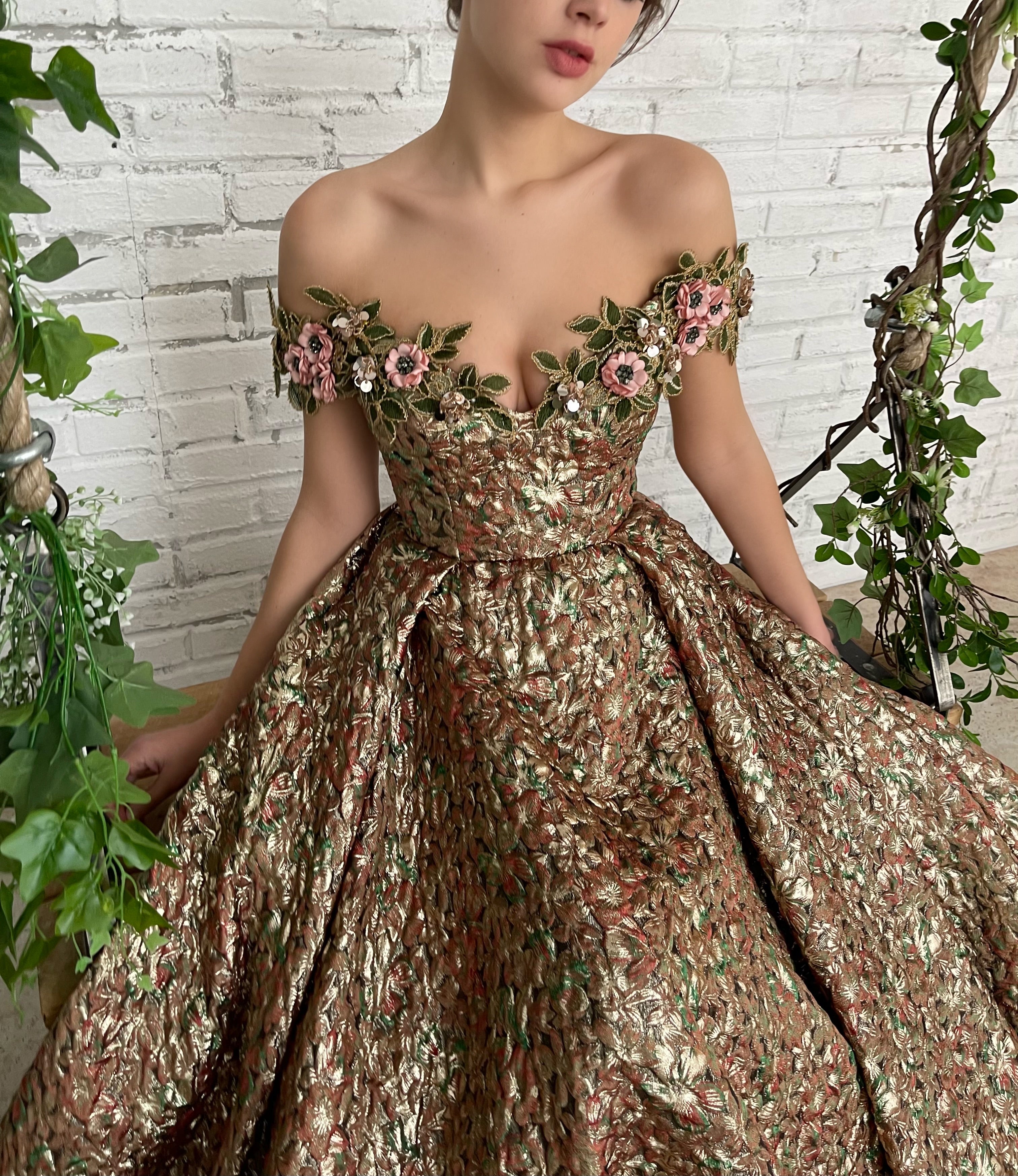 Brown A-Line dress with off the shoulder sleeves and embroidery