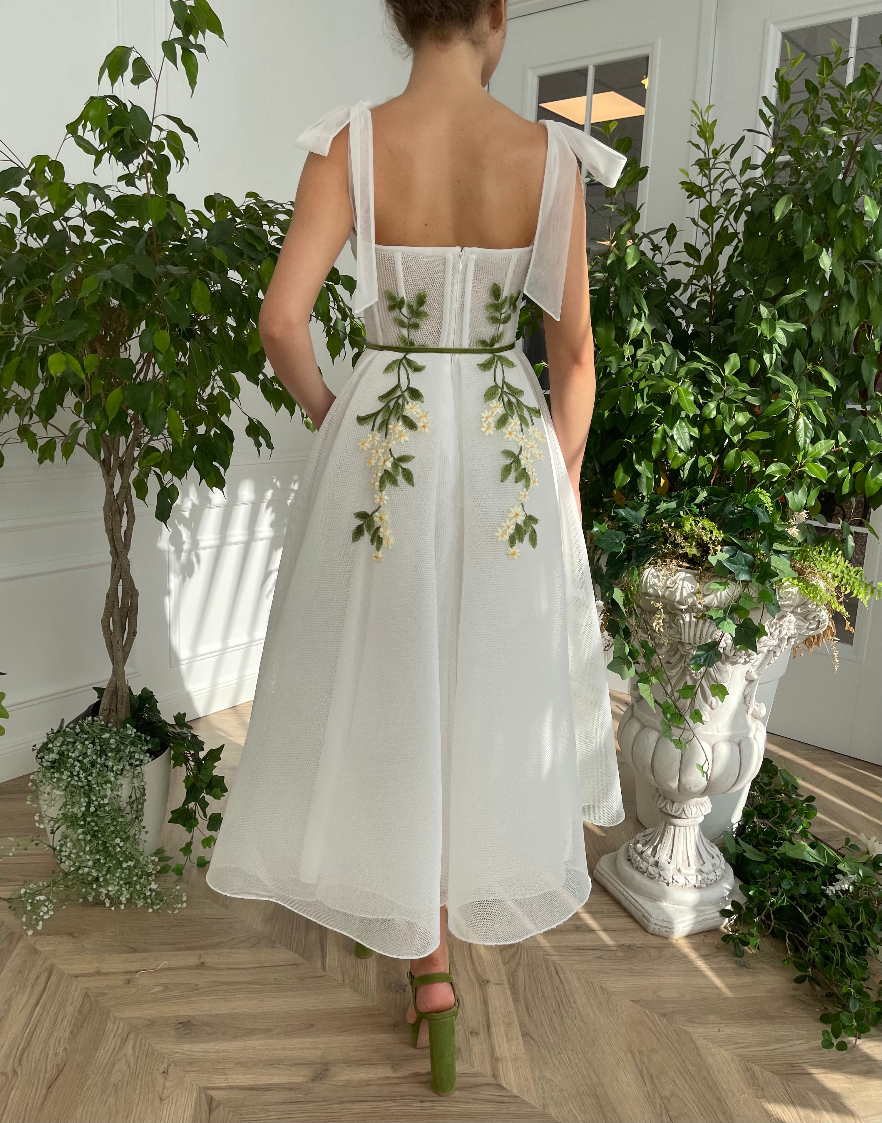 Midi white bridal dress with embroidered flowers and straps