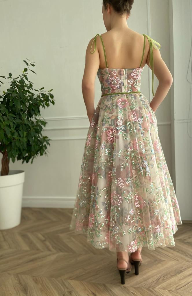 Colorful midi dress with embroidery and spaghetti straps