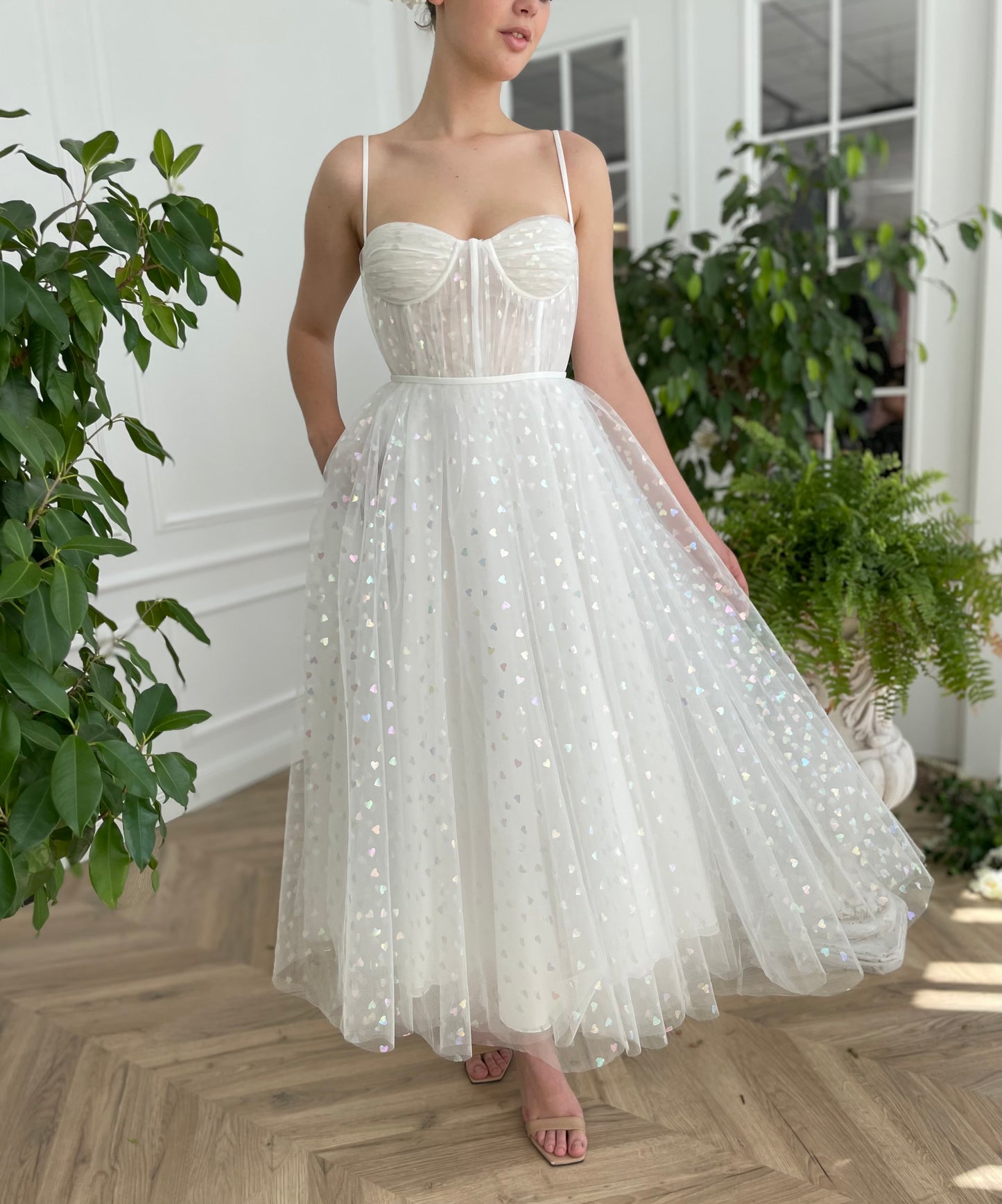 Midi white bridal dress with printed hearts and spaghetti straps