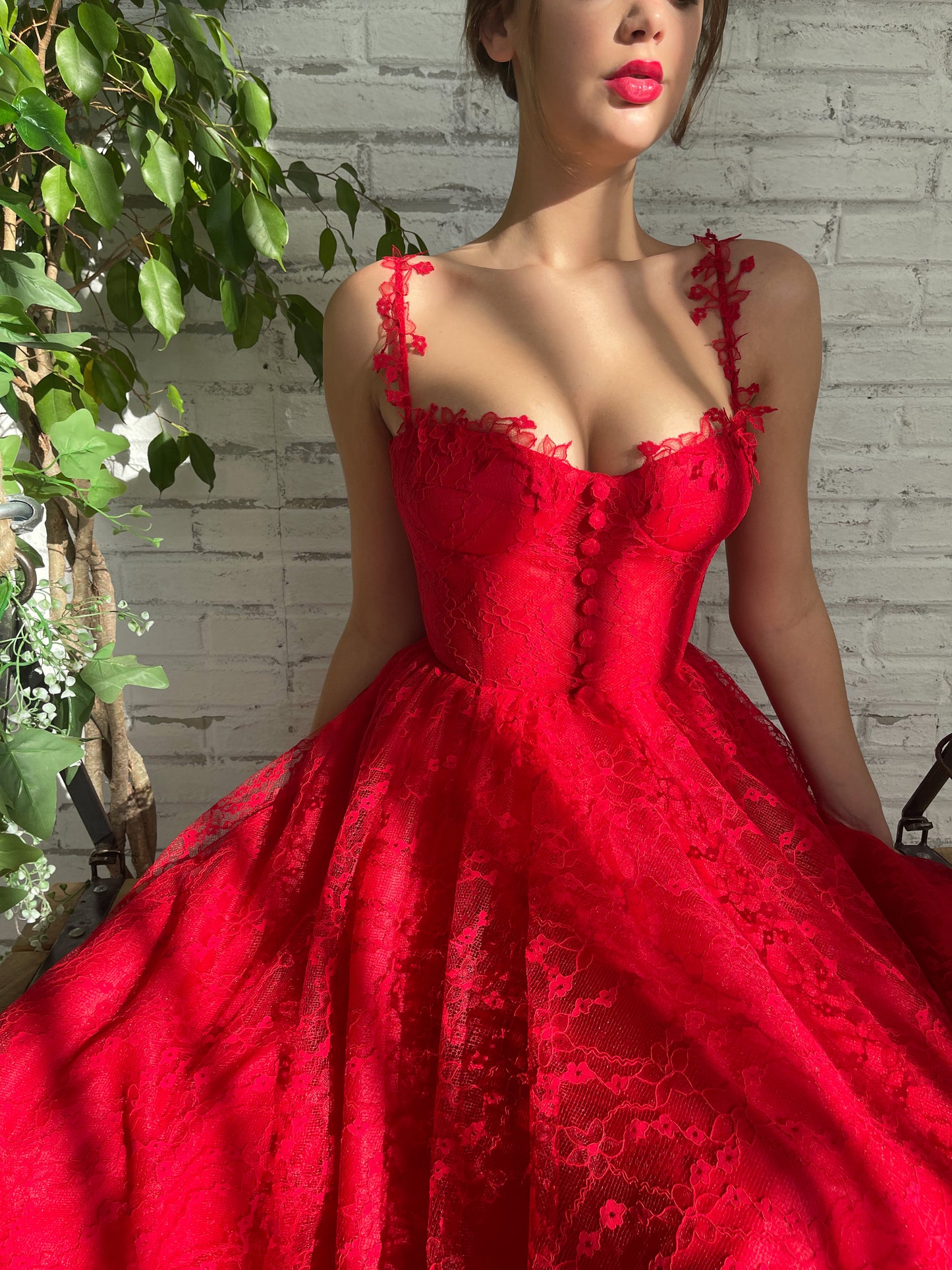 Red midi dress with spaghetti straps