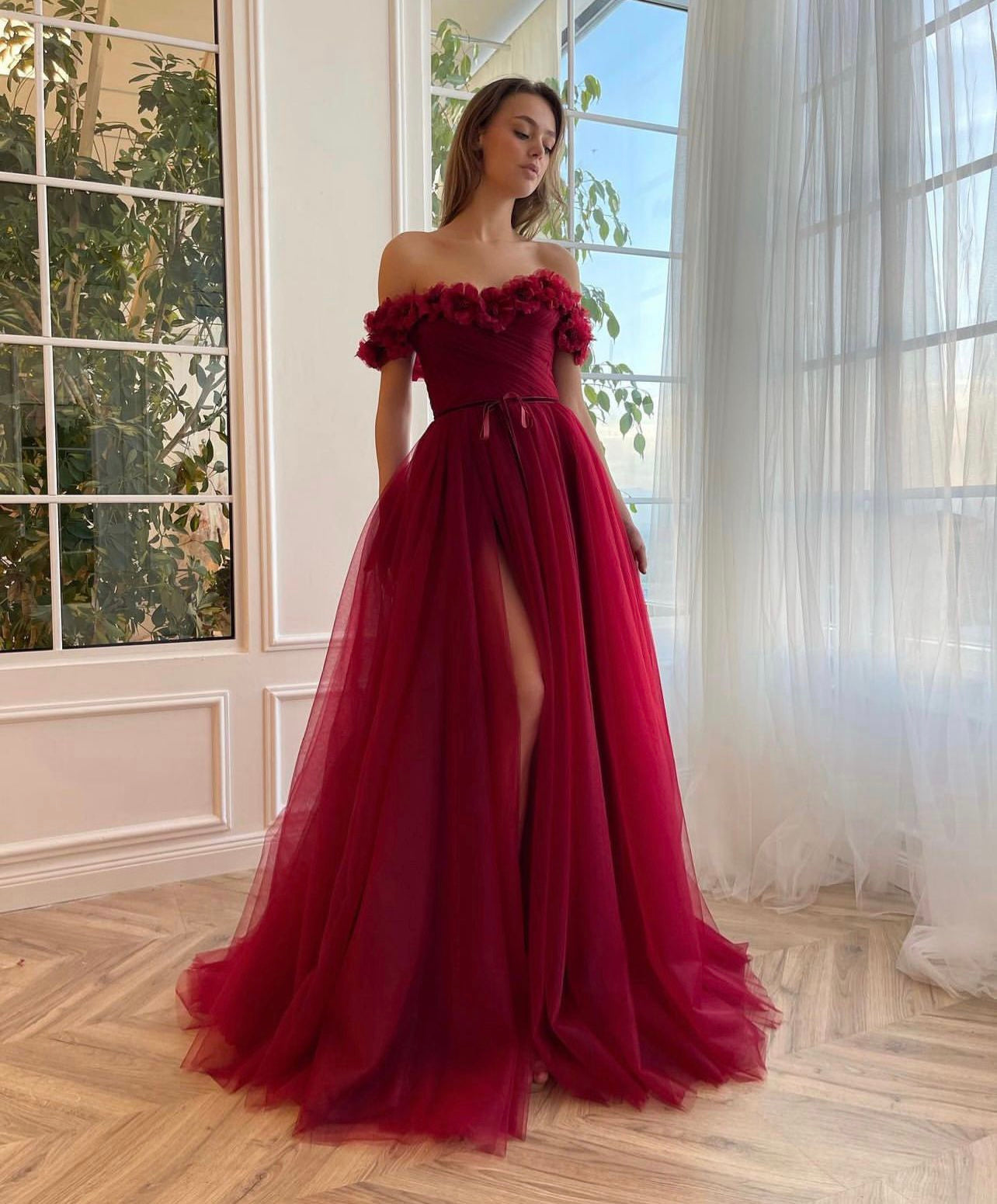 Red A-Line dress with embroidery, flowers and off the shoulder sleeves