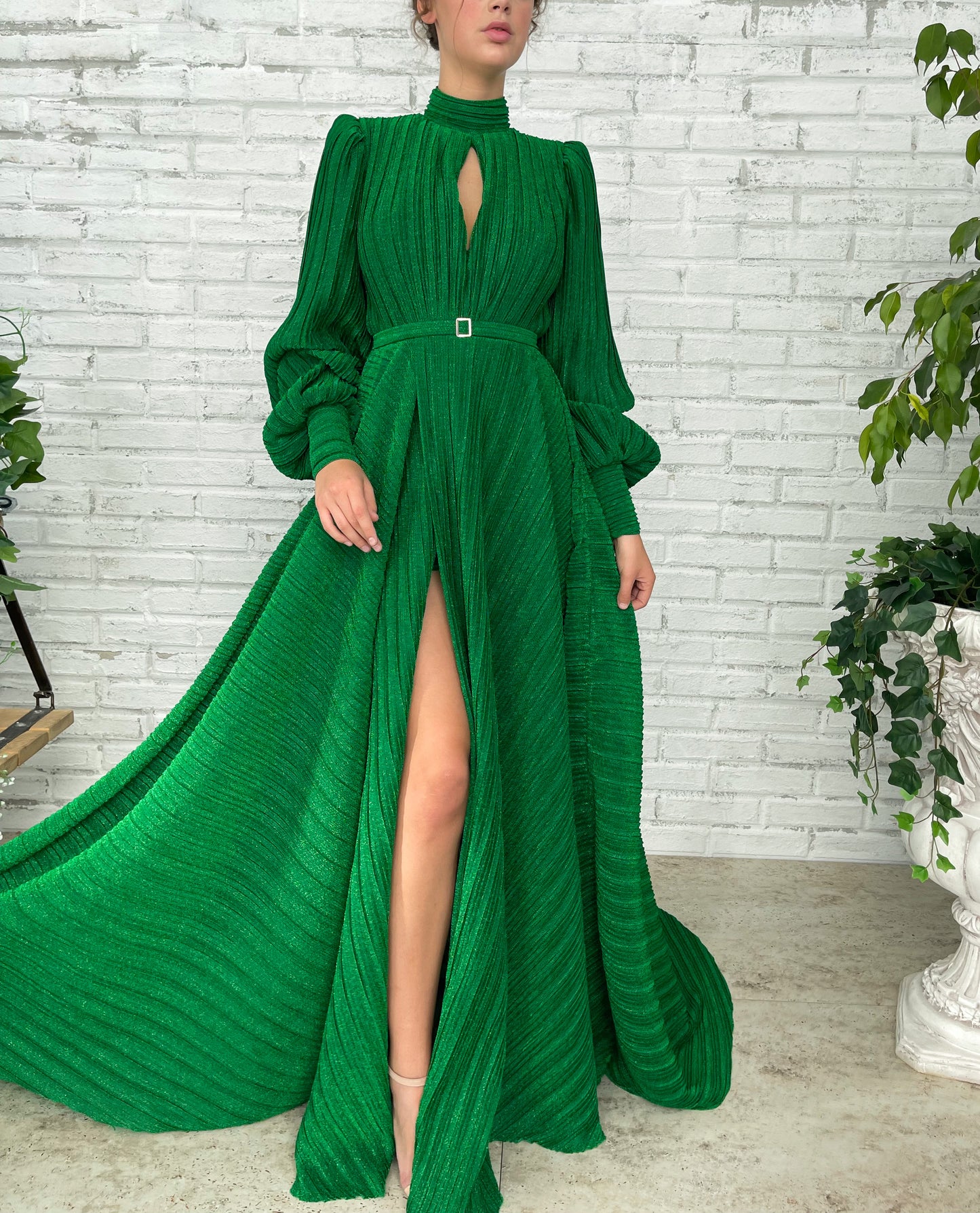 Green A-Line dress with belt and long sleeves