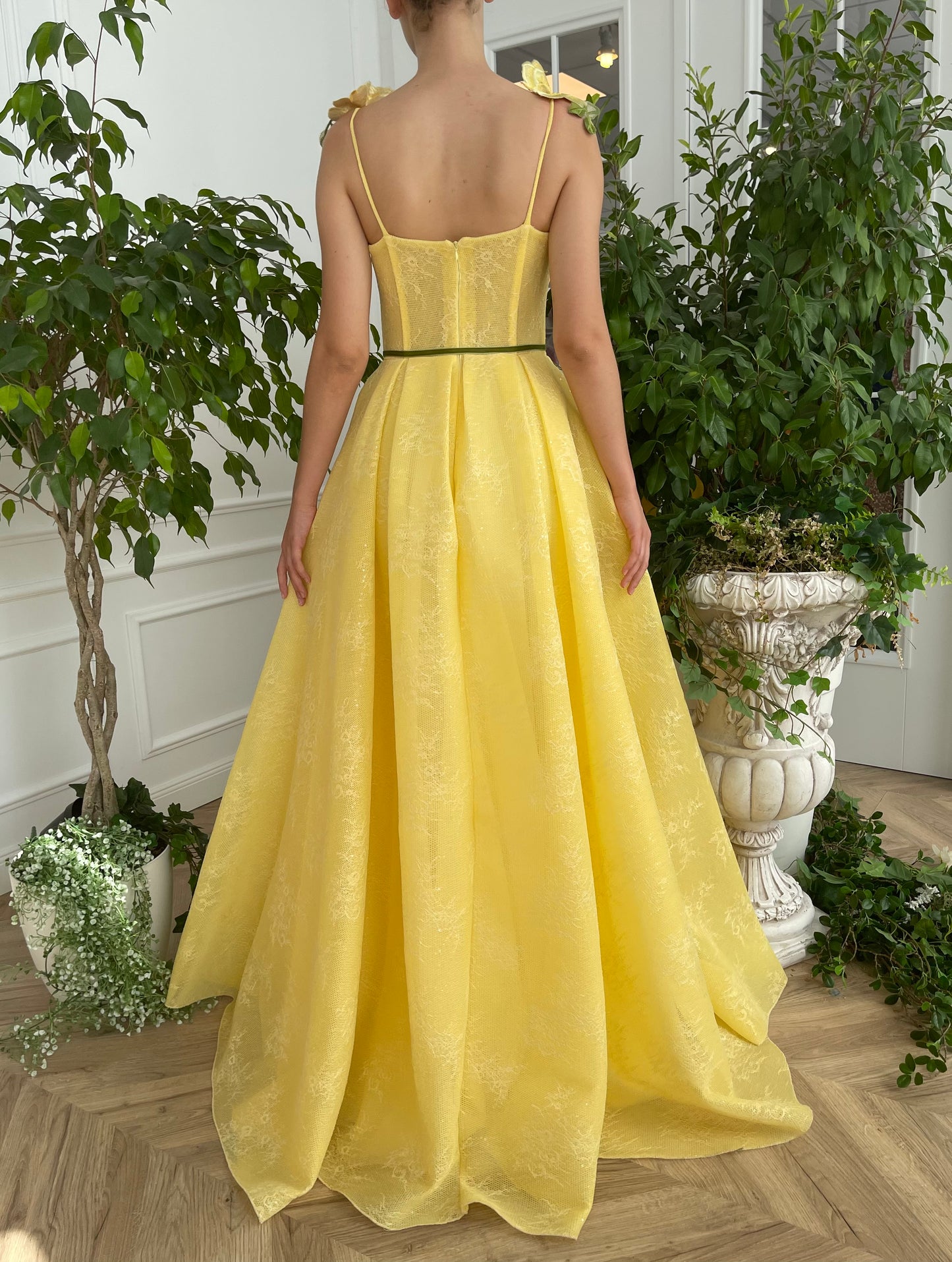 Yellow A-Line dress with embroidery and spaghetti straps