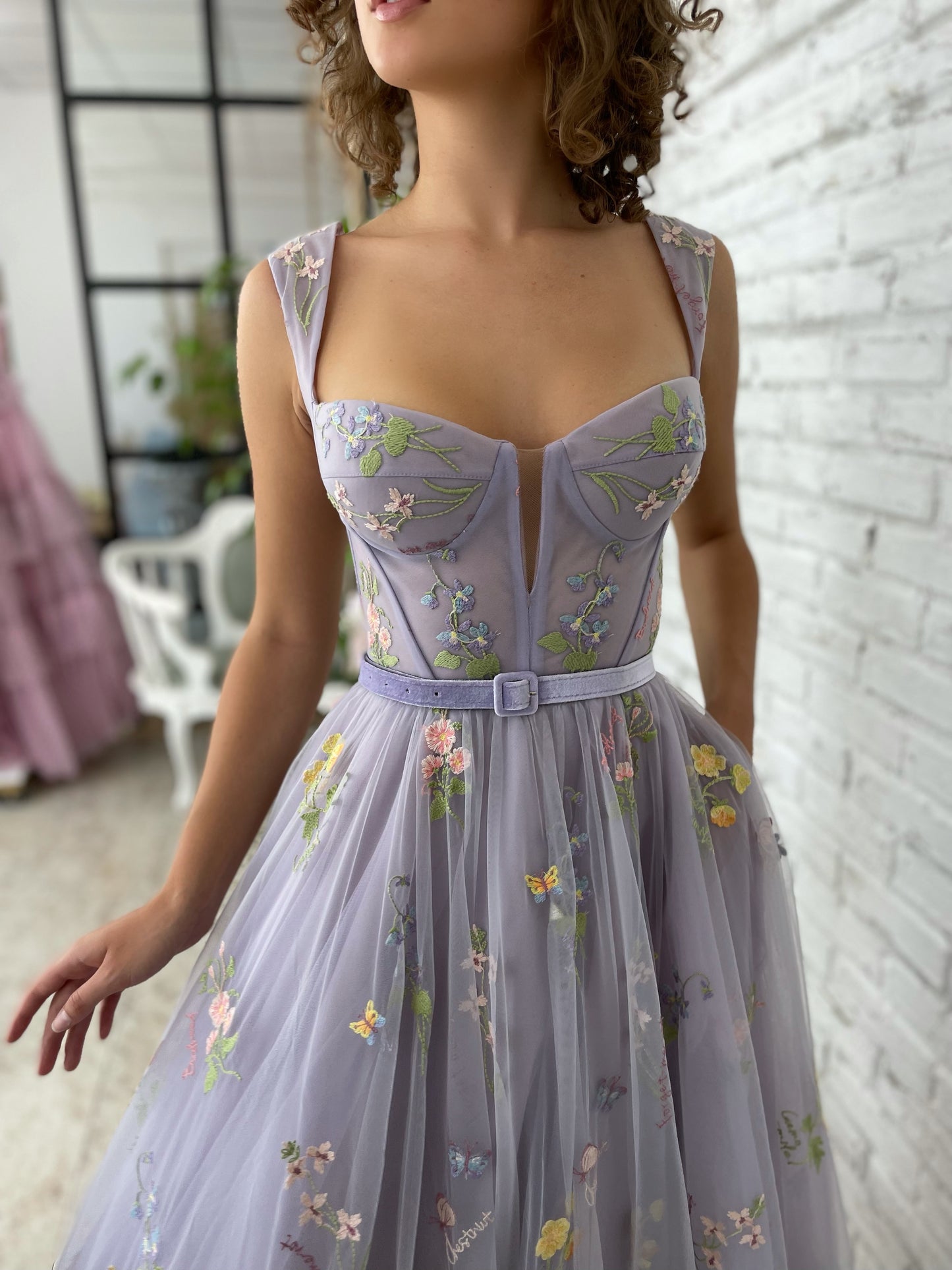 Purple midi dress with belt, flowers and straps