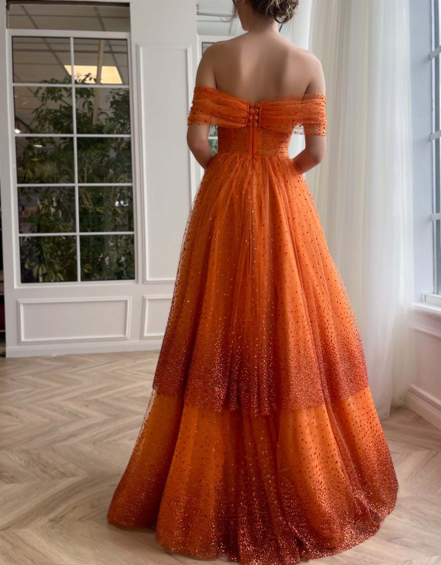 Orange A-Line dress with off the shoulder sleeves