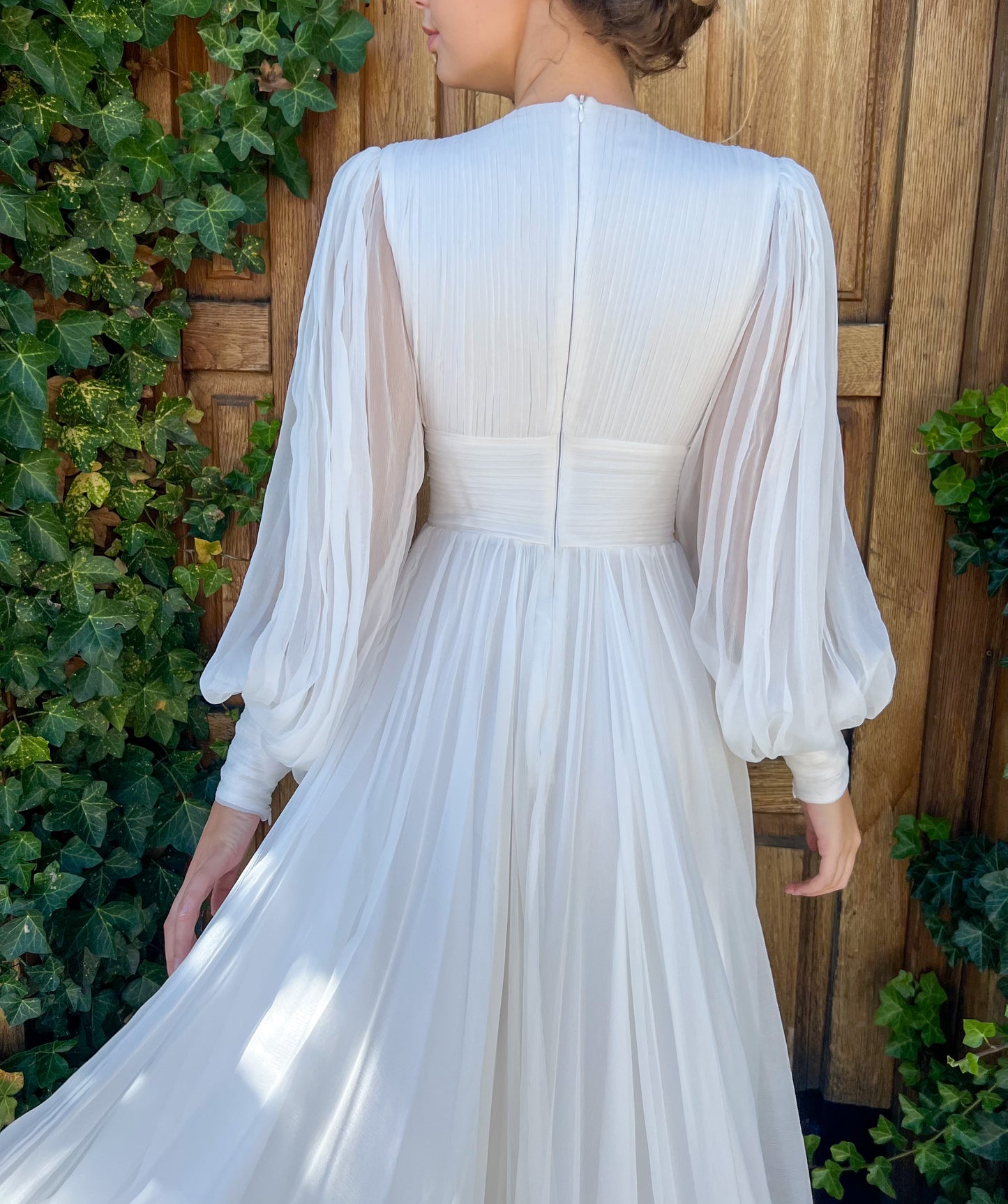 A Line plain white bridal dress with long sleeves