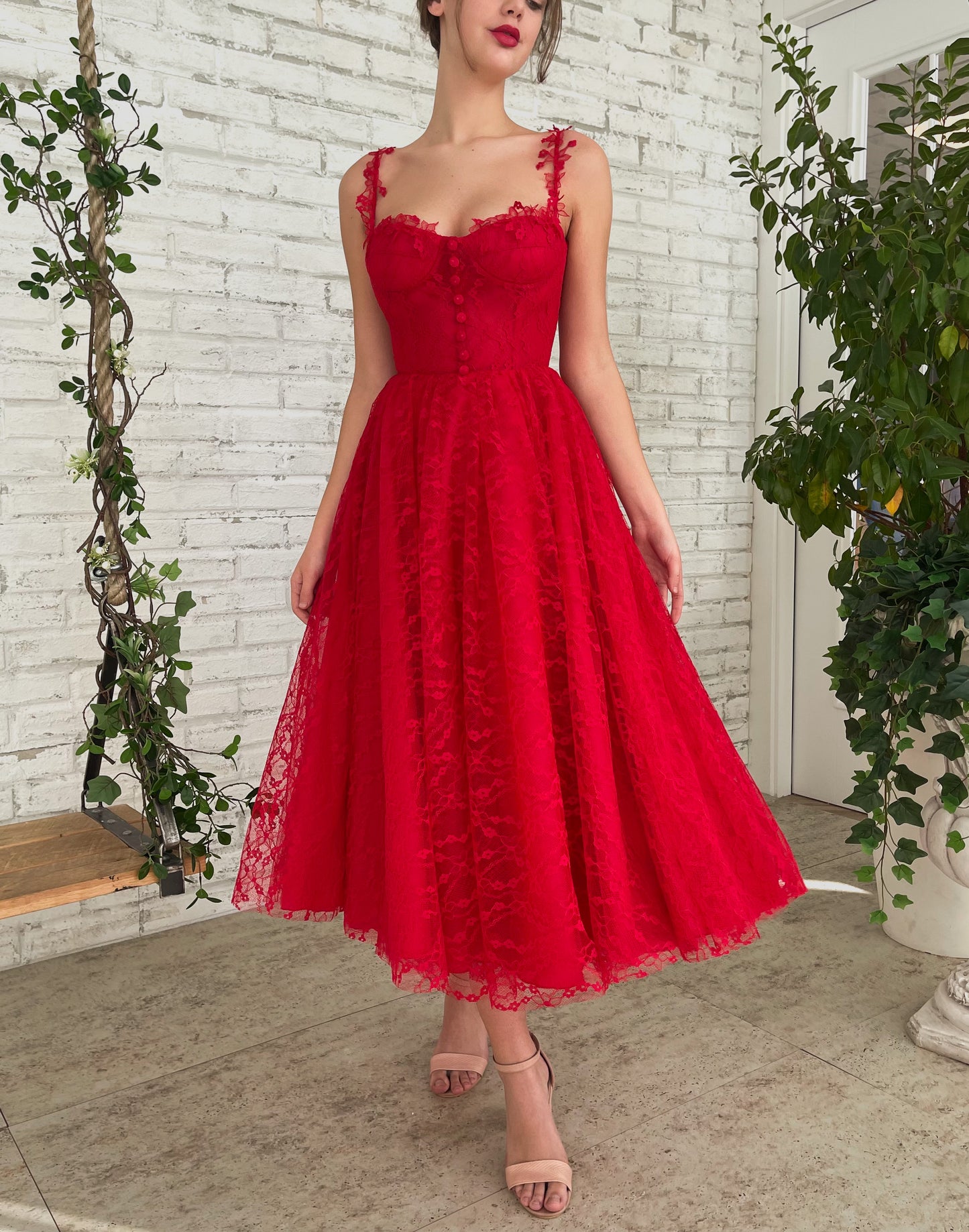 Red midi dress with spaghetti straps