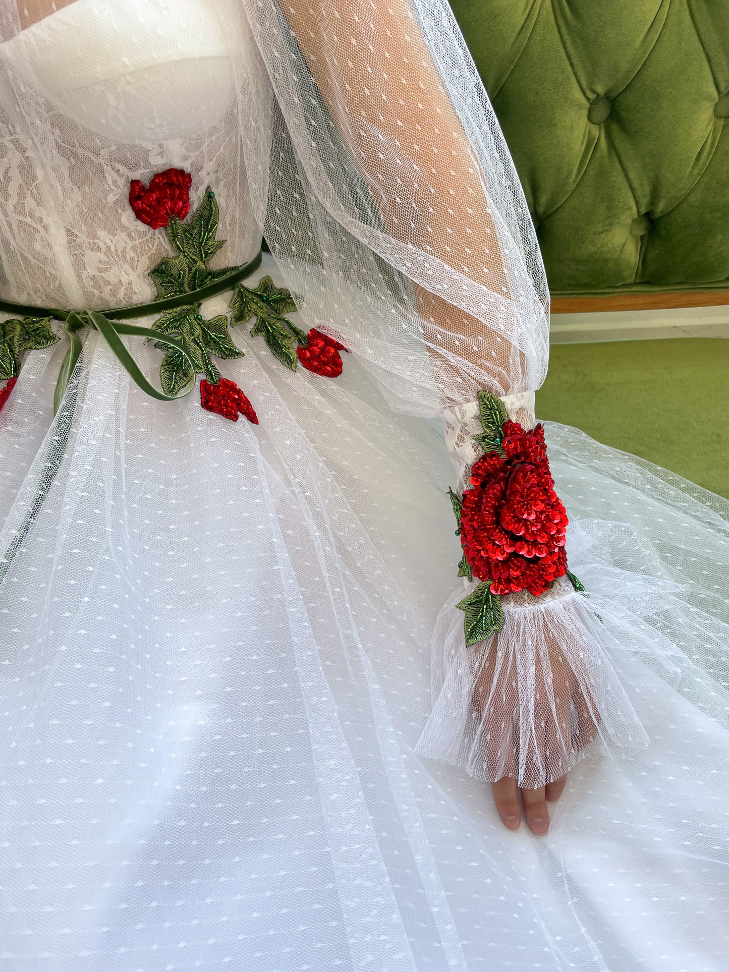 A Line white bridal dress with long sleeves and embroidered flowers