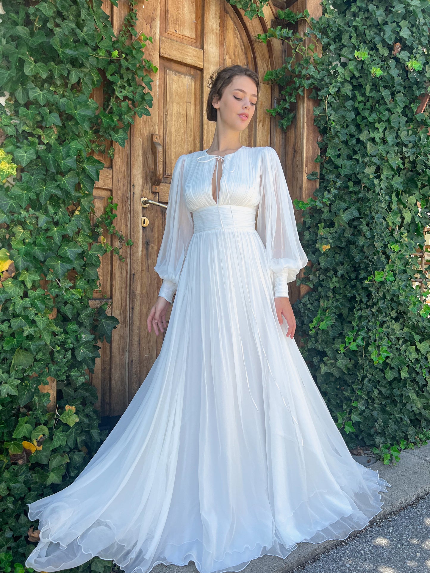 A Line plain white bridal dress with long sleeves