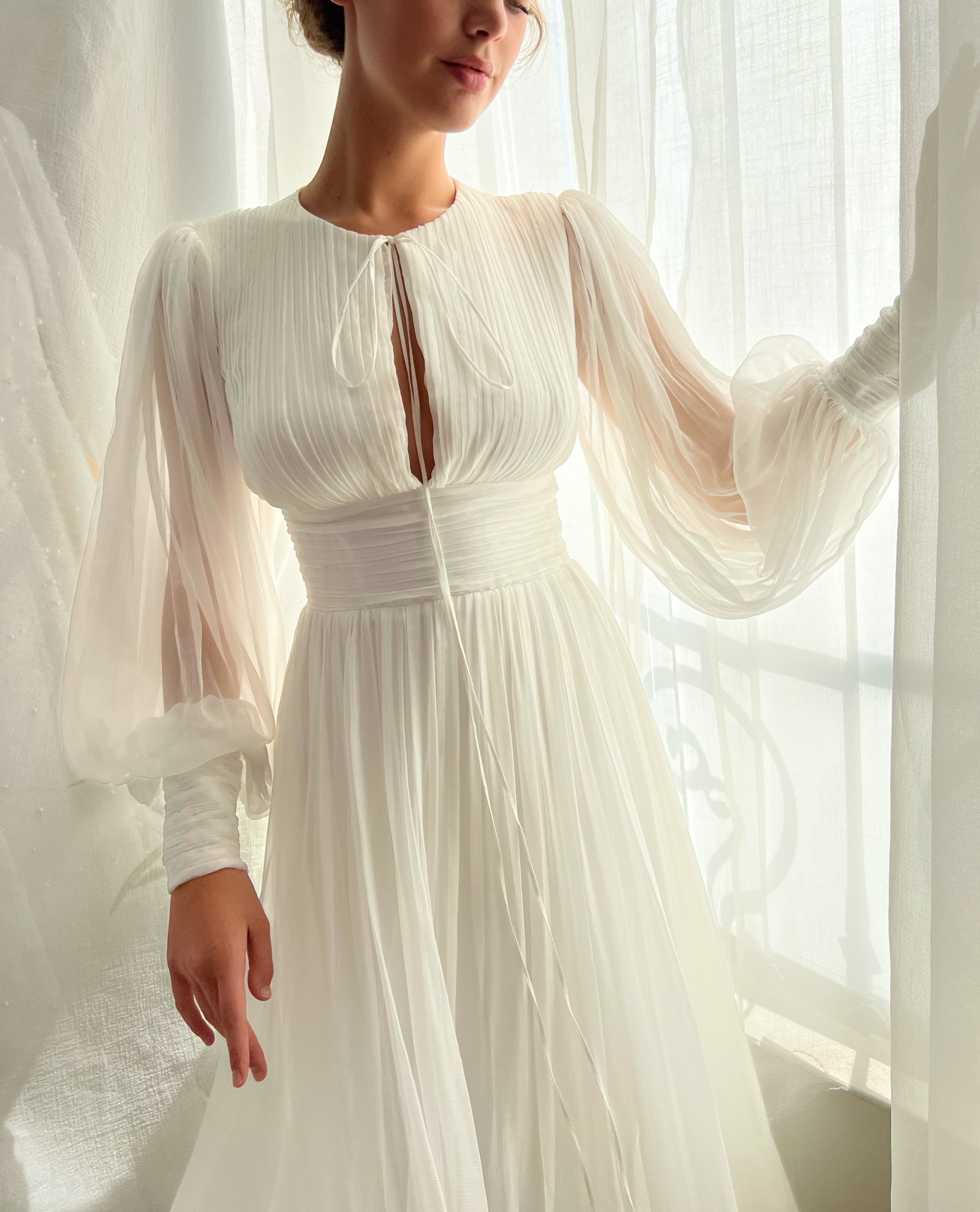 A Line plain white bridal dress with long sleeves