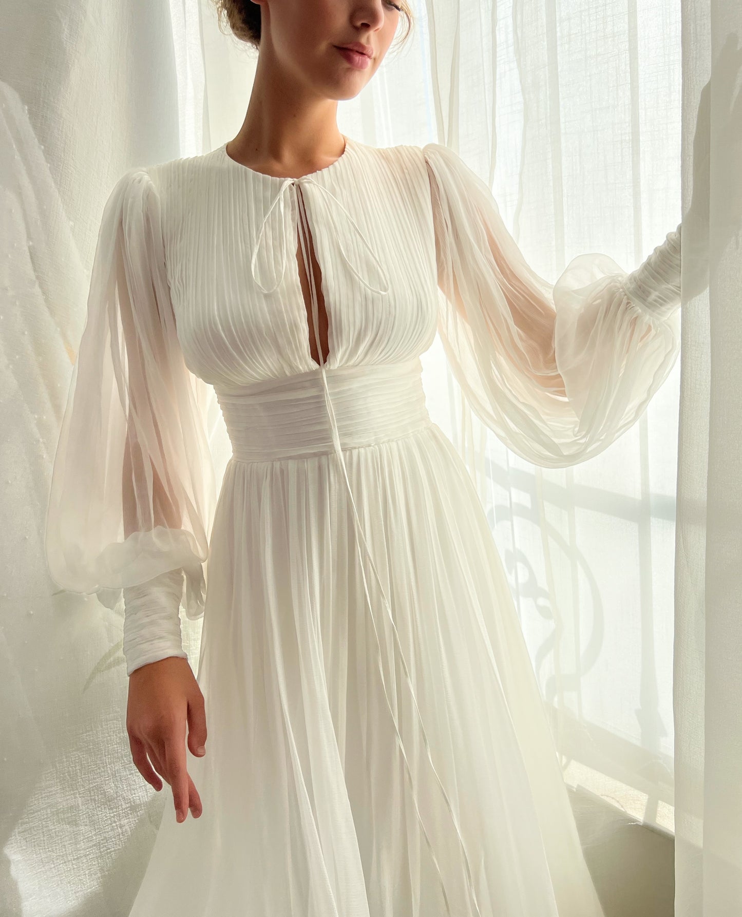 A Line plain white bridal dress with long sleeves