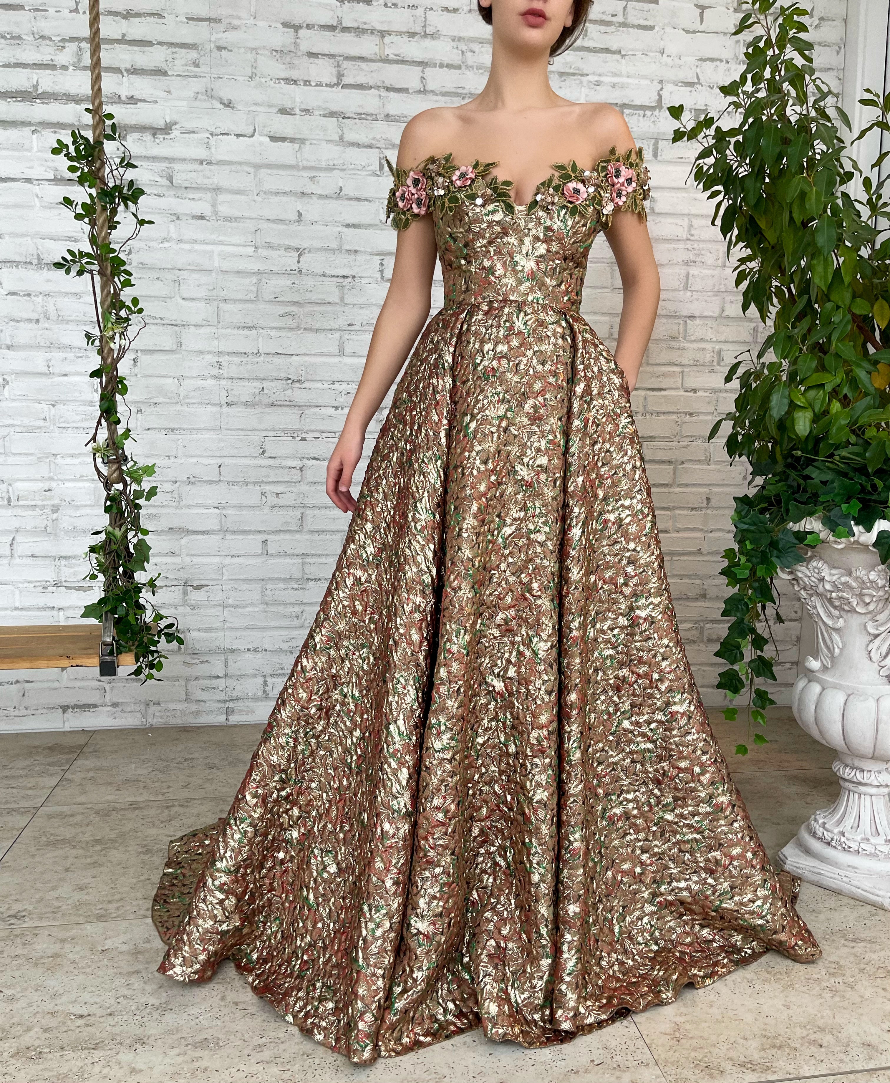 Brown A-Line dress with off the shoulder sleeves and embroidery