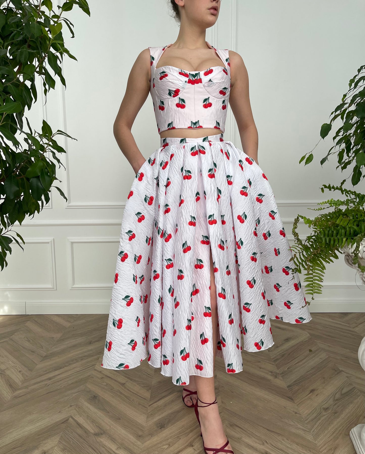 White two piece dress with printed cherries and straps