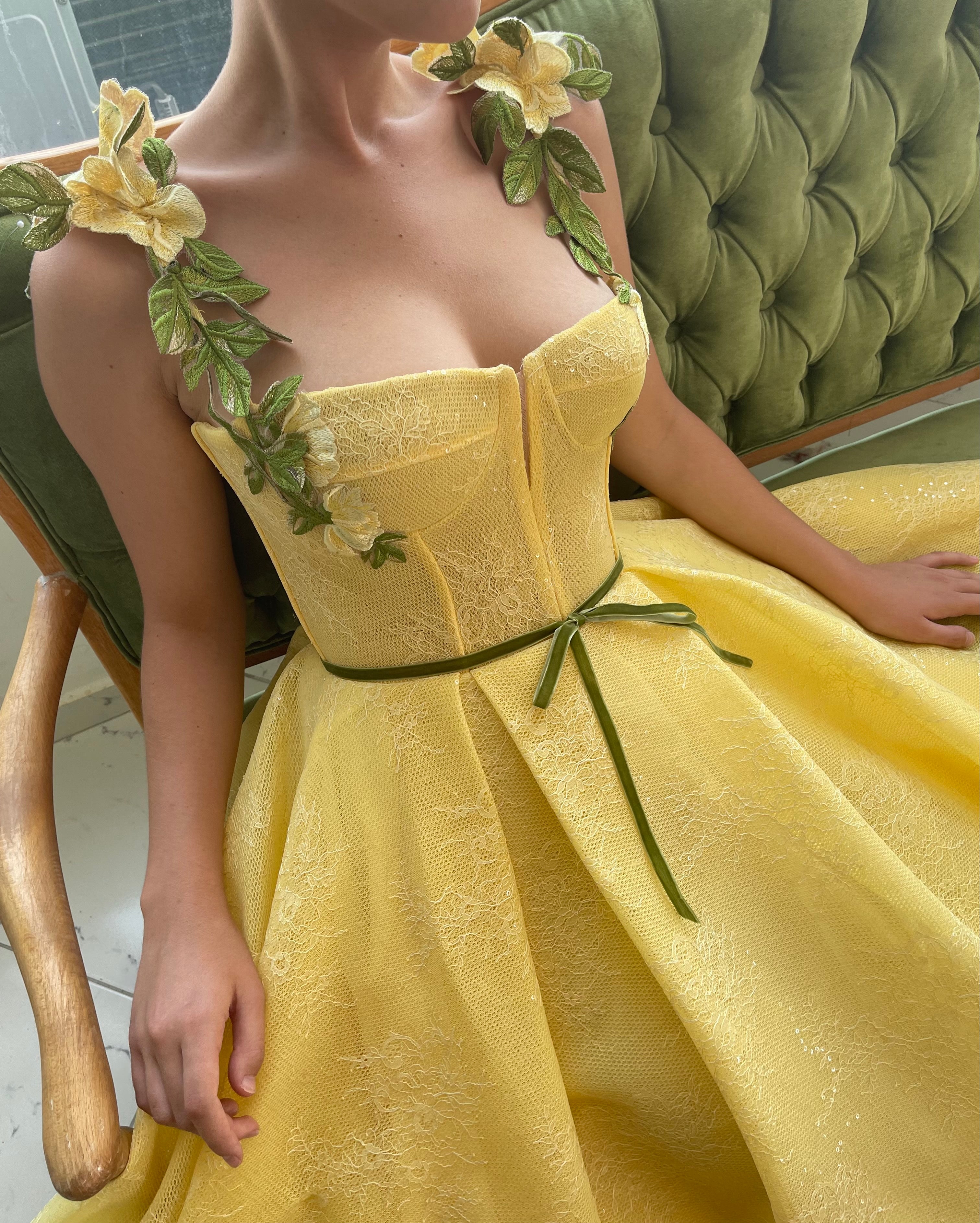Yellow A-Line dress with embroidery and spaghetti straps