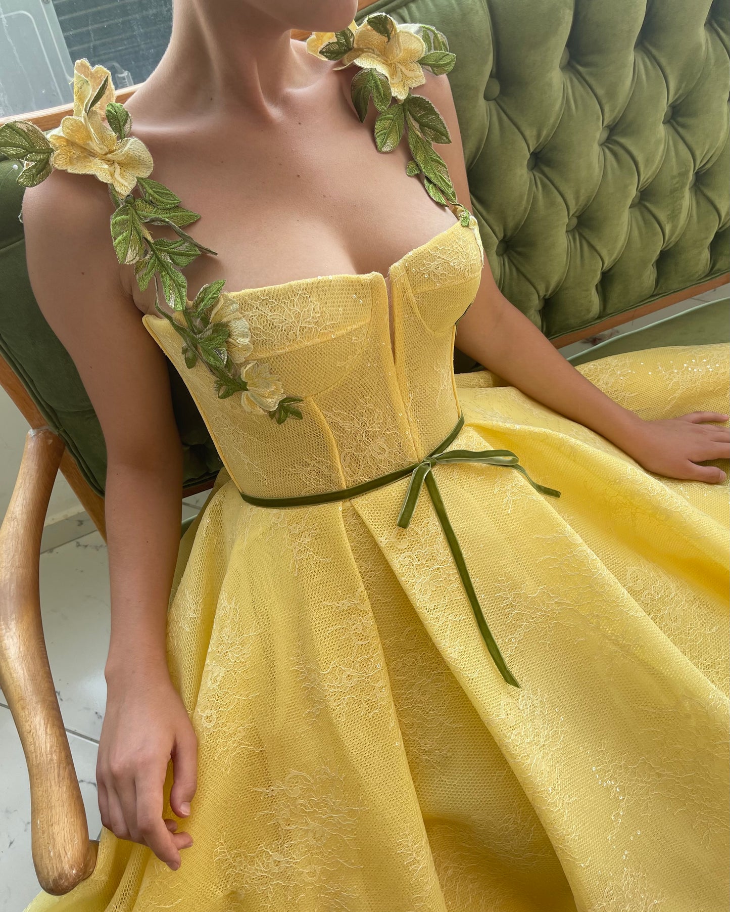 Yellow A-Line dress with embroidery and spaghetti straps