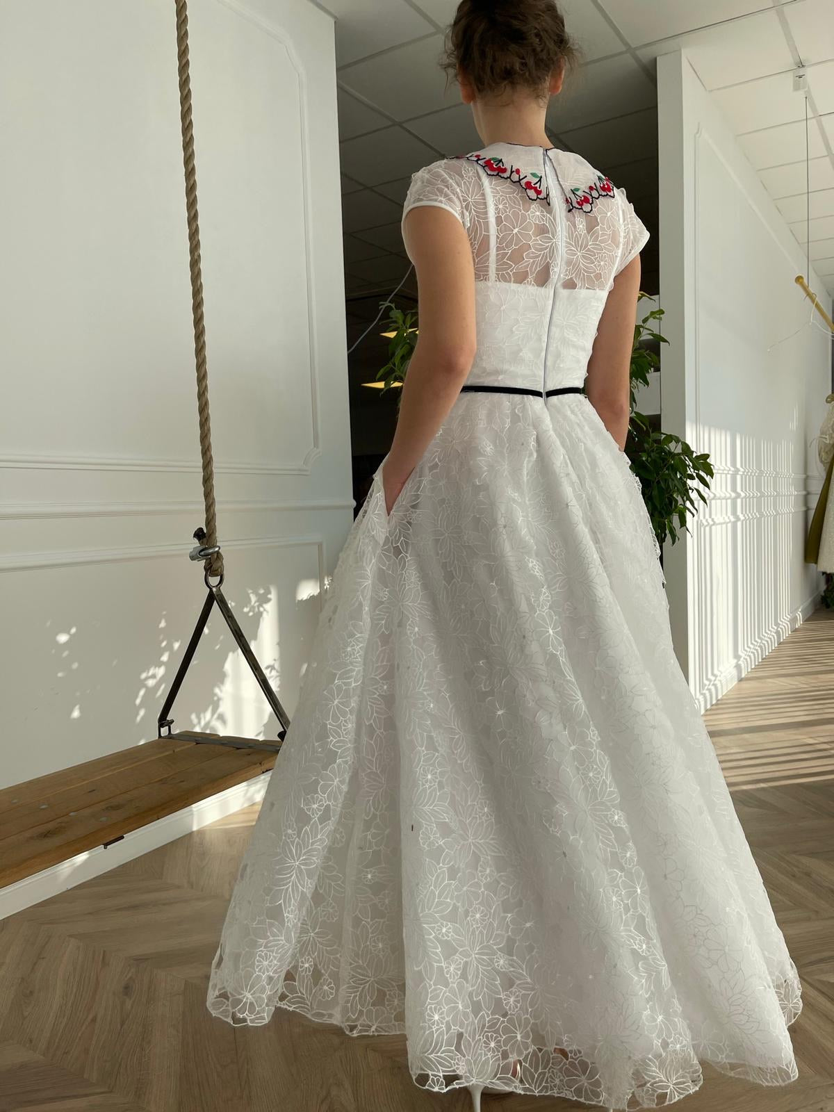 Midi white bridal dress with buttons, embroidered flowers and short sleeves