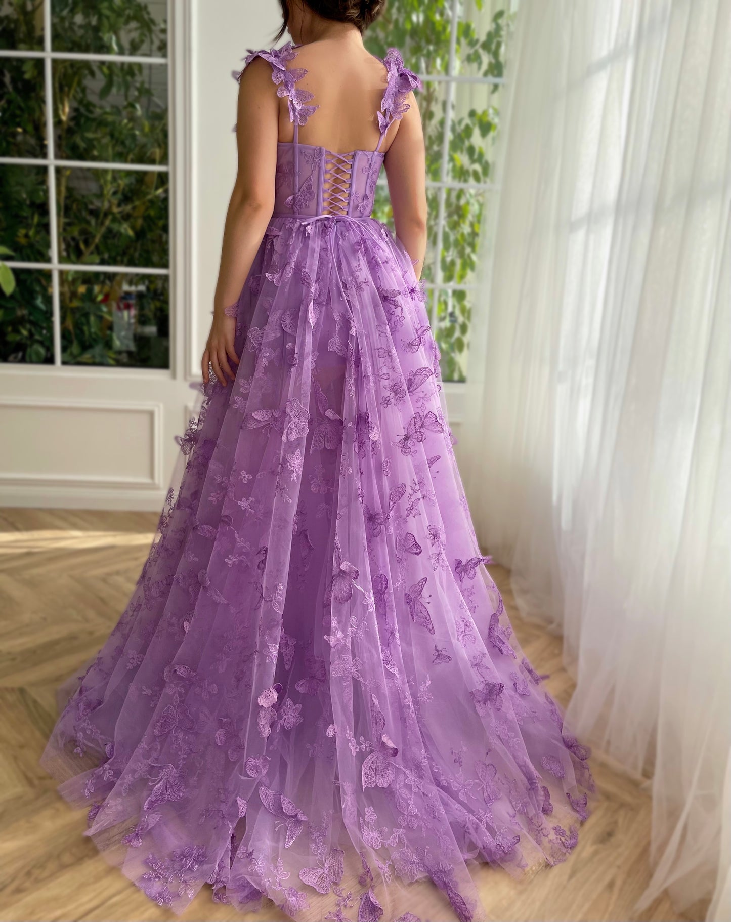 Purple A-Line dress with straps and embroidered butterflies