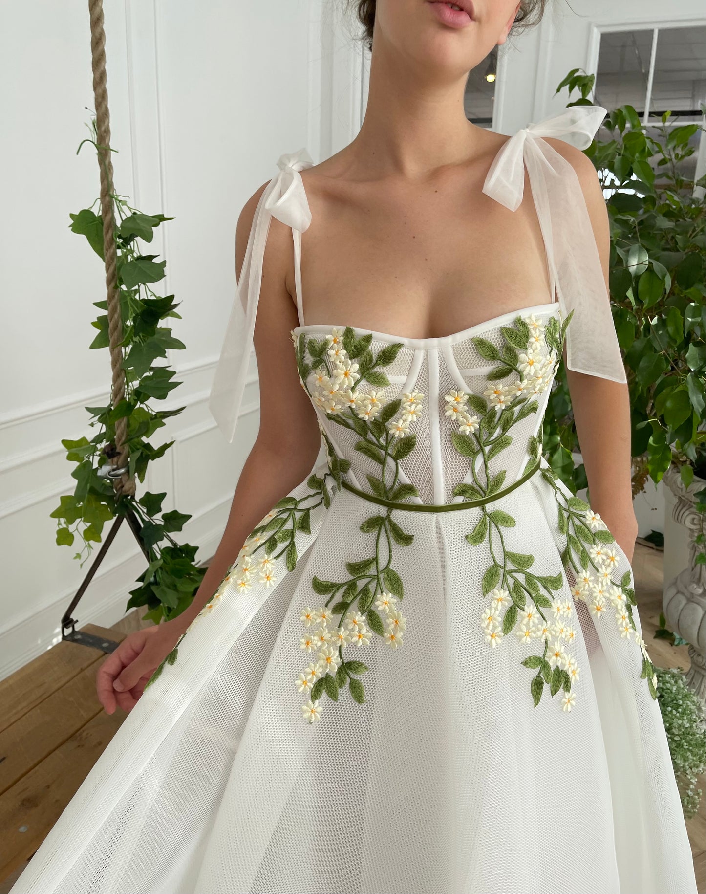 Midi white bridal dress with embroidered flowers and straps