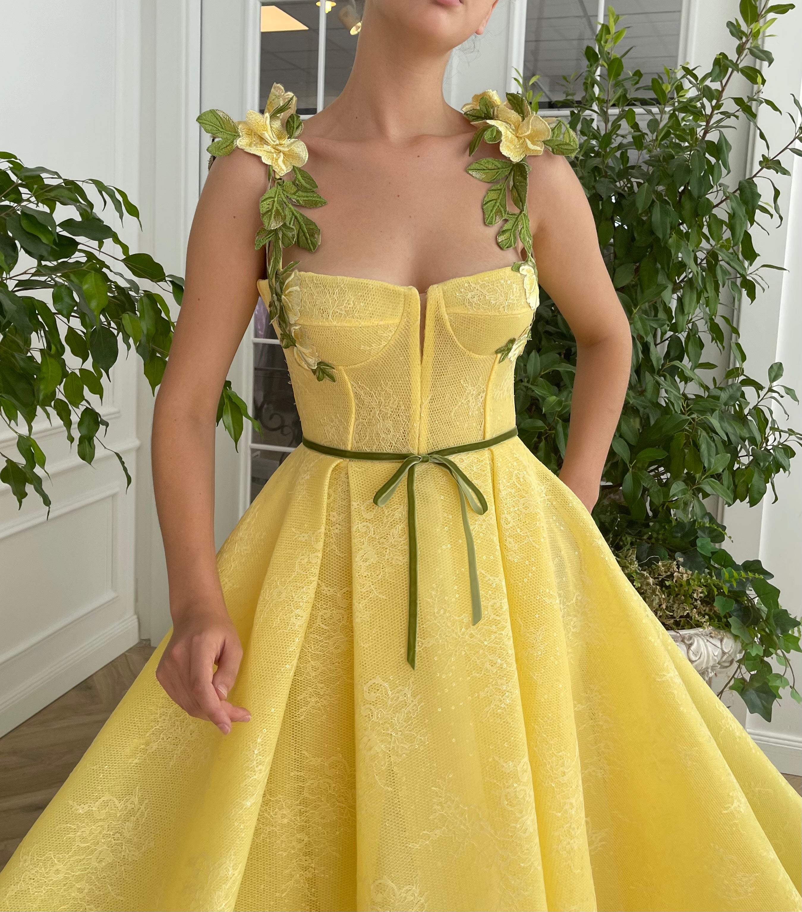 Yellow A-Line dress with embroidery and spaghetti straps