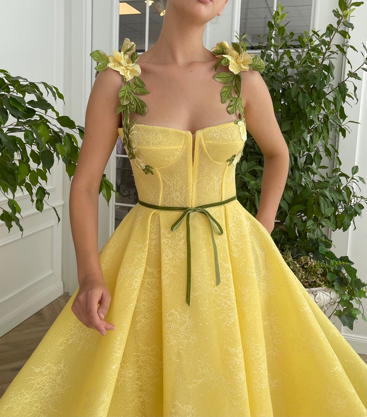 Yellow A-Line dress with embroidery and spaghetti straps
