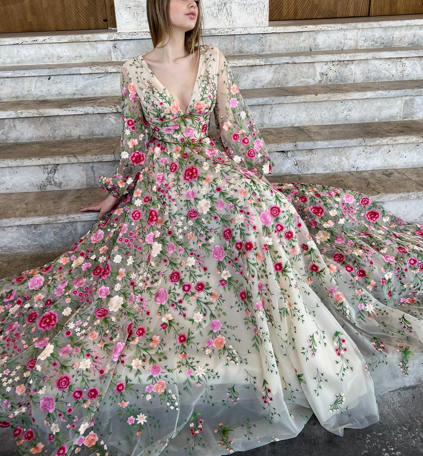 Beige A-Line dress with v-neck, long sleeves, embroidery and flowers