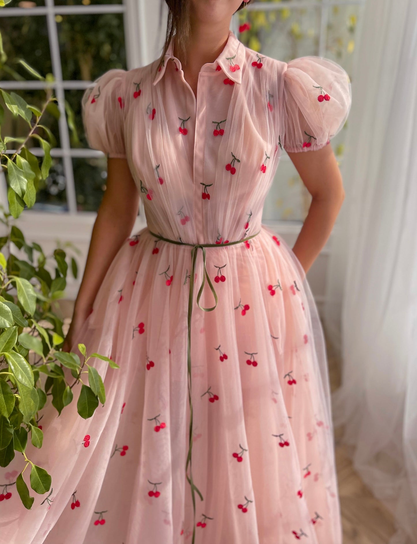 Pink A-Line dress with cherries, cap sleeves and collar top