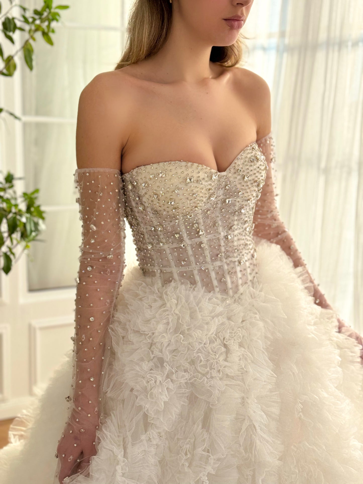 White A-Line dress with bow straps and embroidery