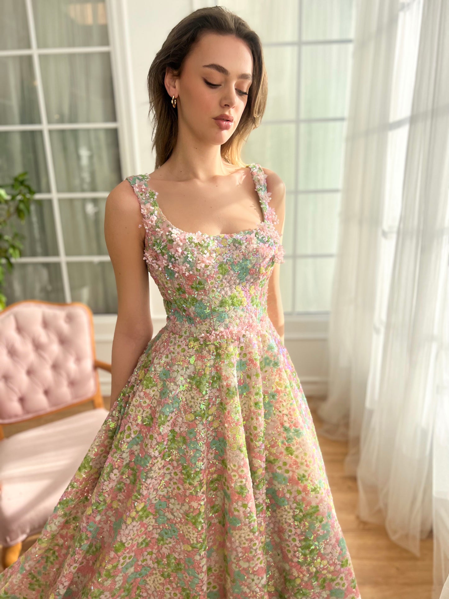 Colorful A-Line dress with embroidery and flowers and straps