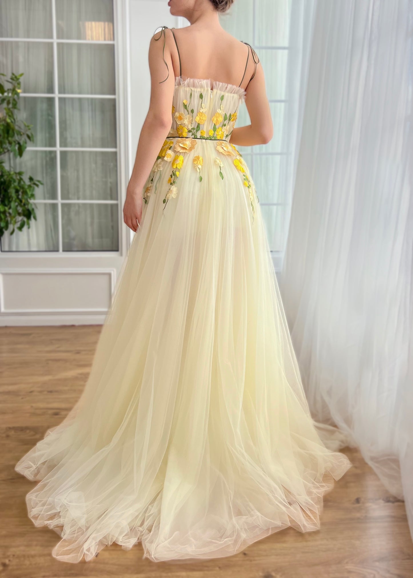 Yellow A-Line dress with spaghetti straps and embroidered flowers