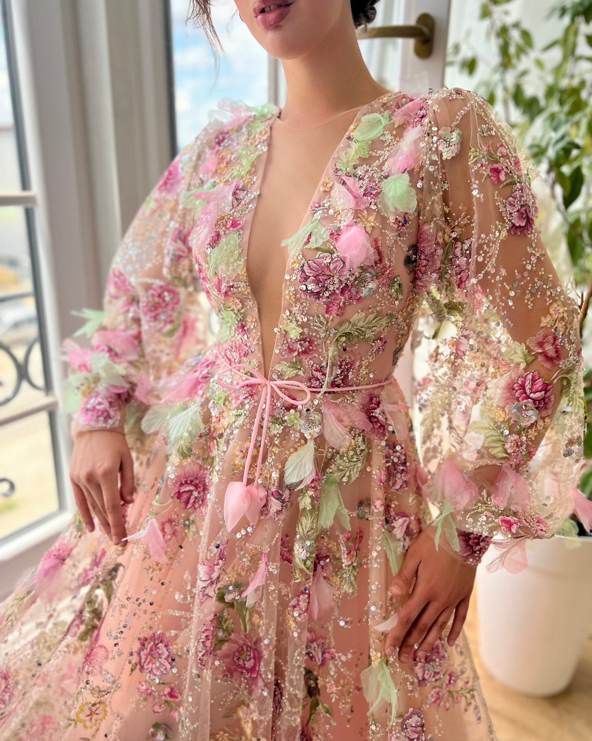 Pink A-Line Dress with v-neck, long sleeves and embroidery