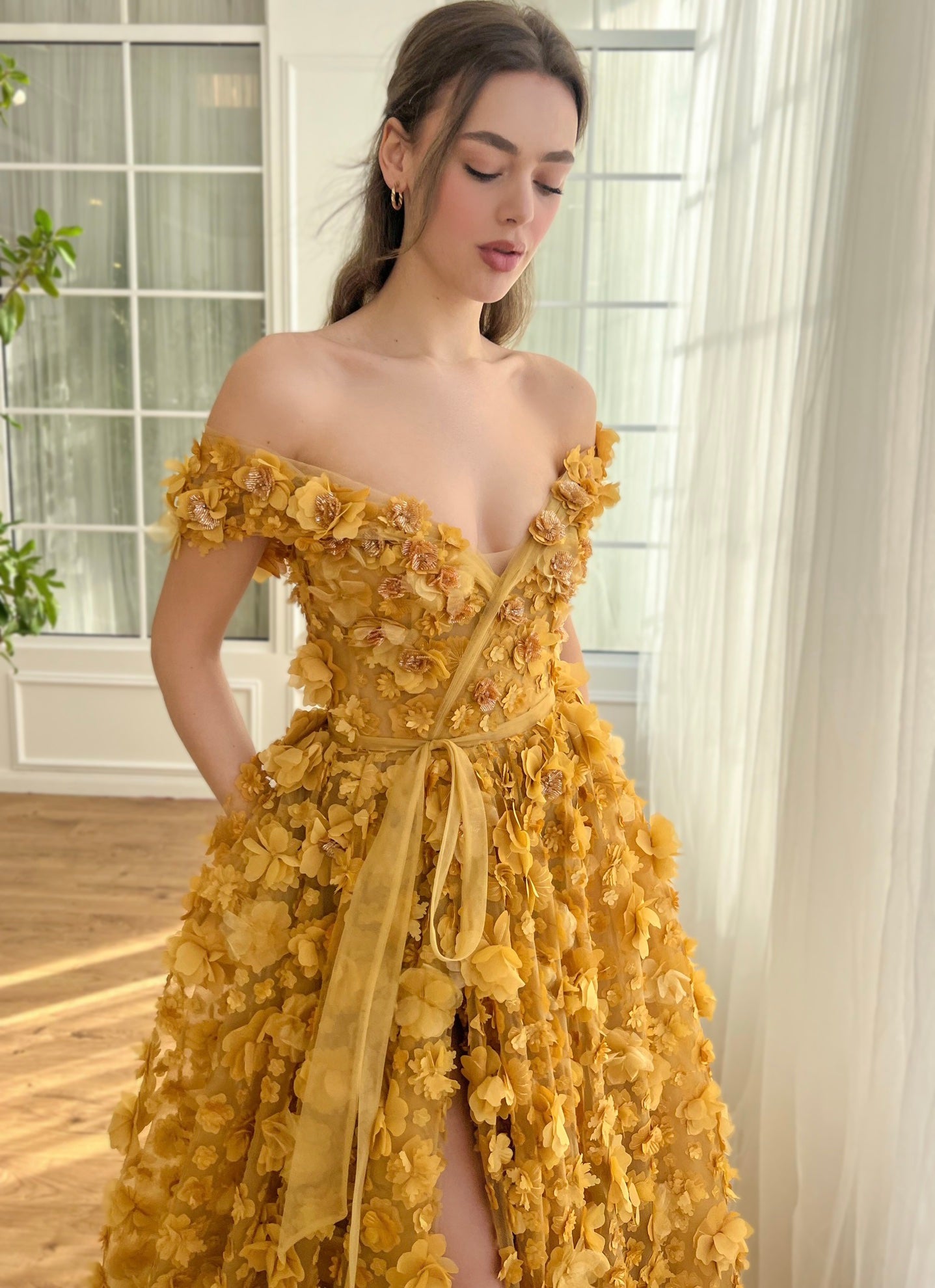 Gold A-Line dress with embroidery and off the shoulder sleeves