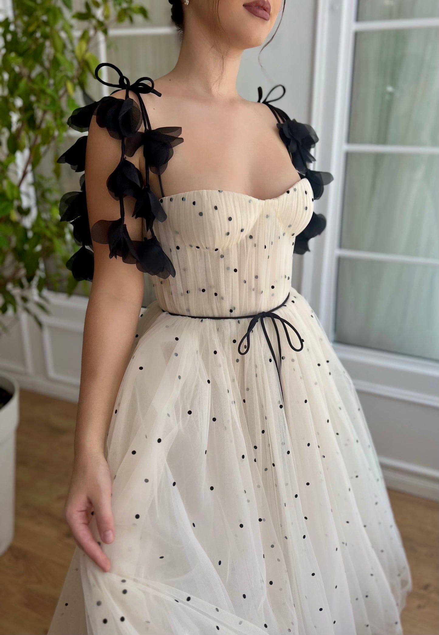 Beige midi dress with dotted fabric, embroidery and straps