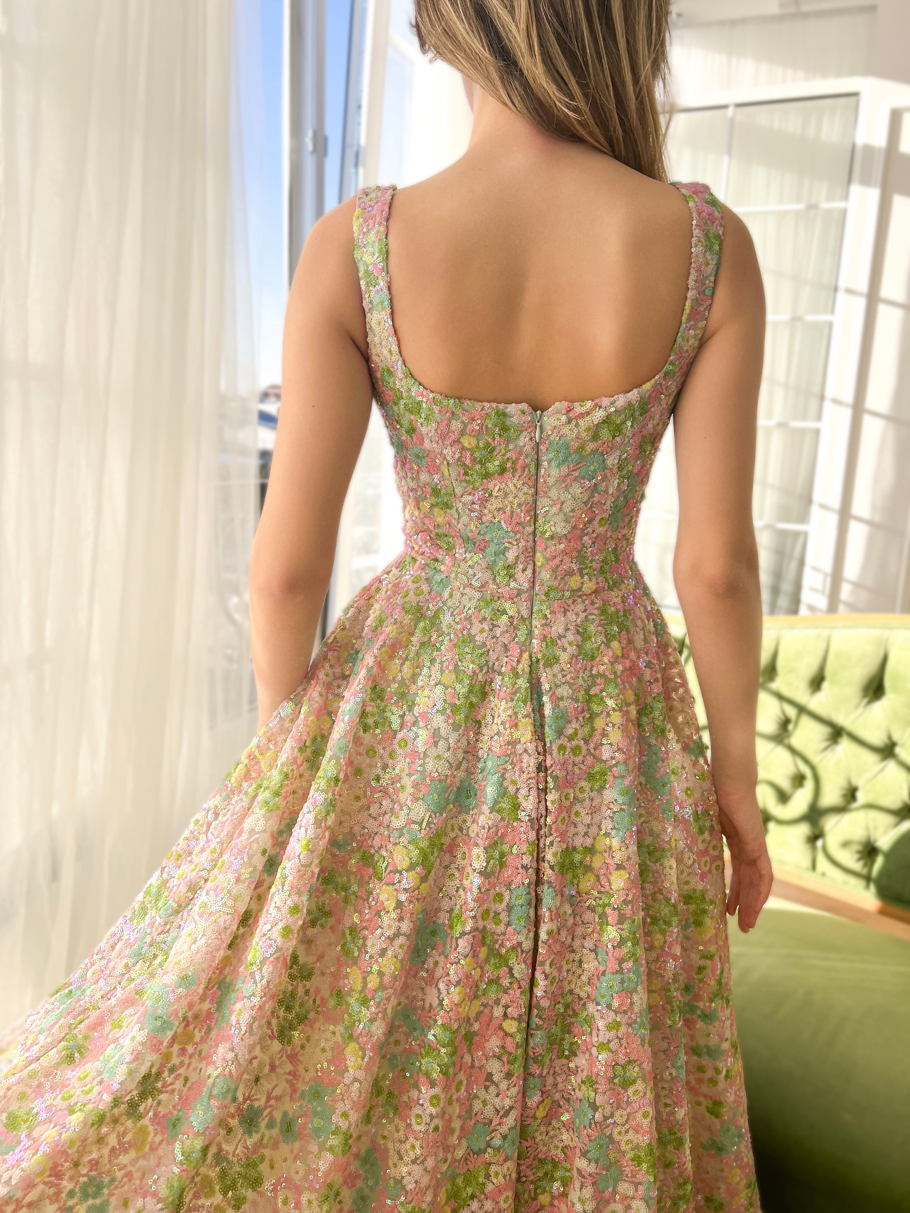 Colorful A-Line dress with embroidery and flowers and straps