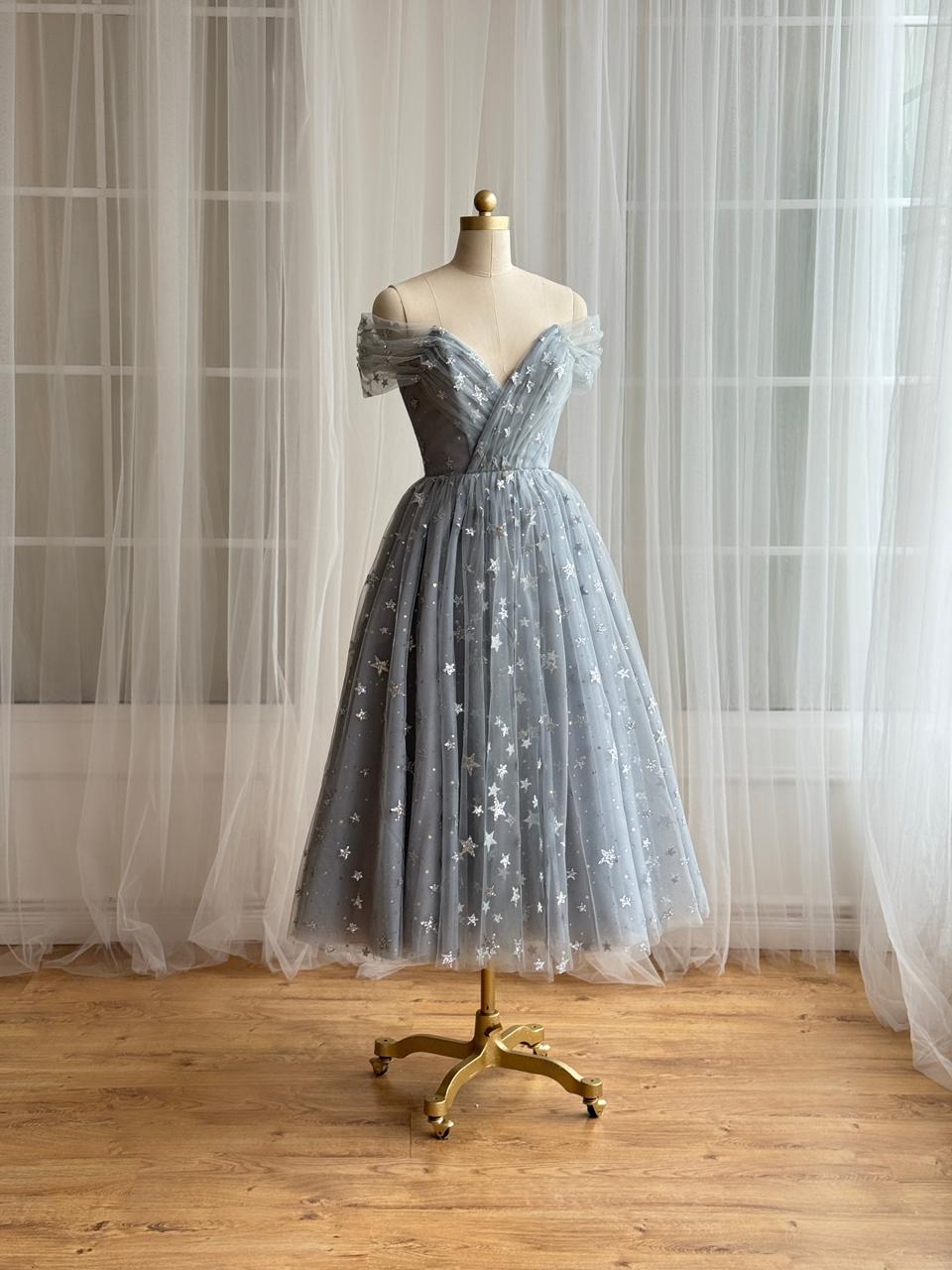 Silver midi dress with starry tulle fabric, v-neck and off the shoulder sleeves