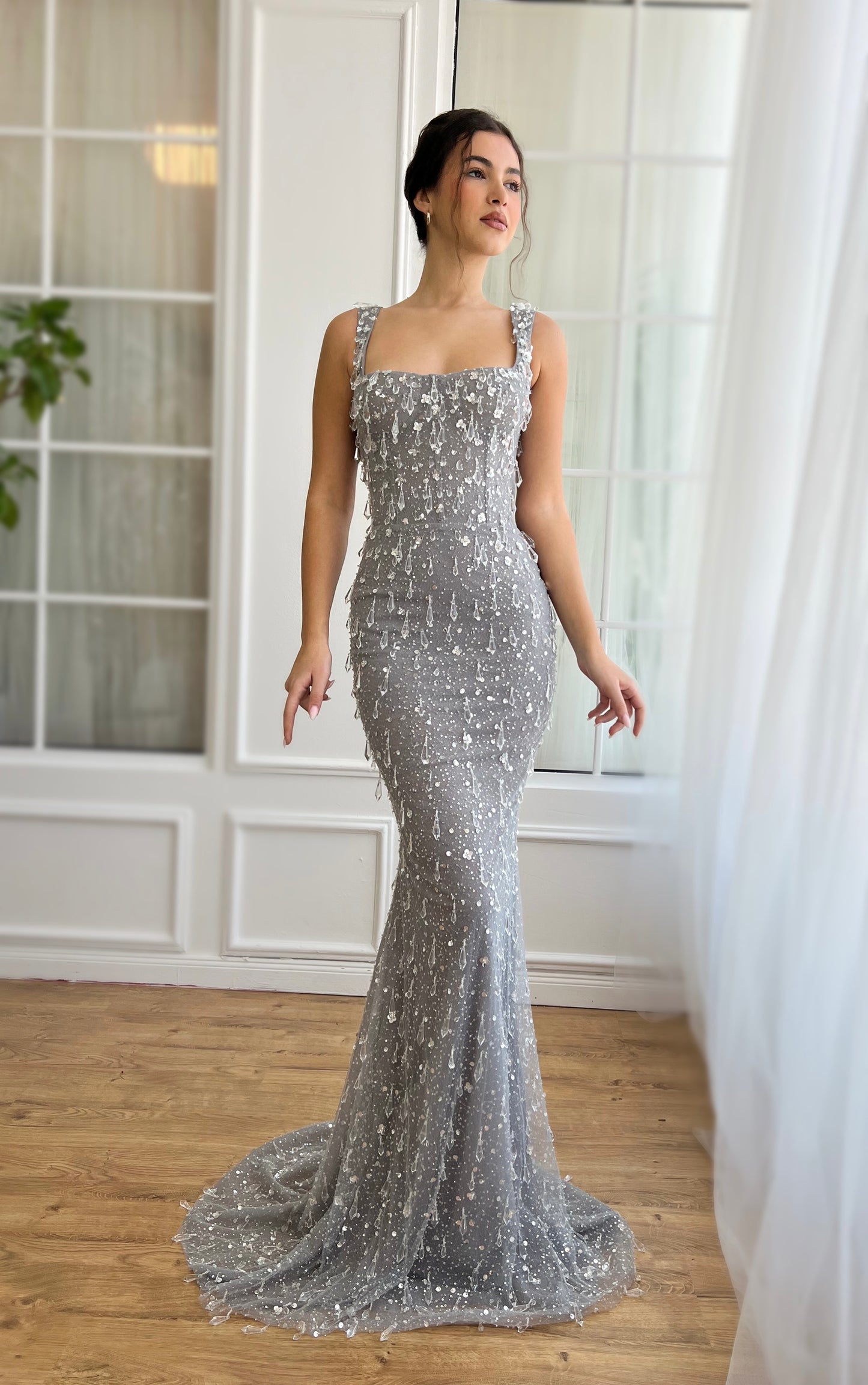 Grey mermaid dress with straps and embroidered crystals
