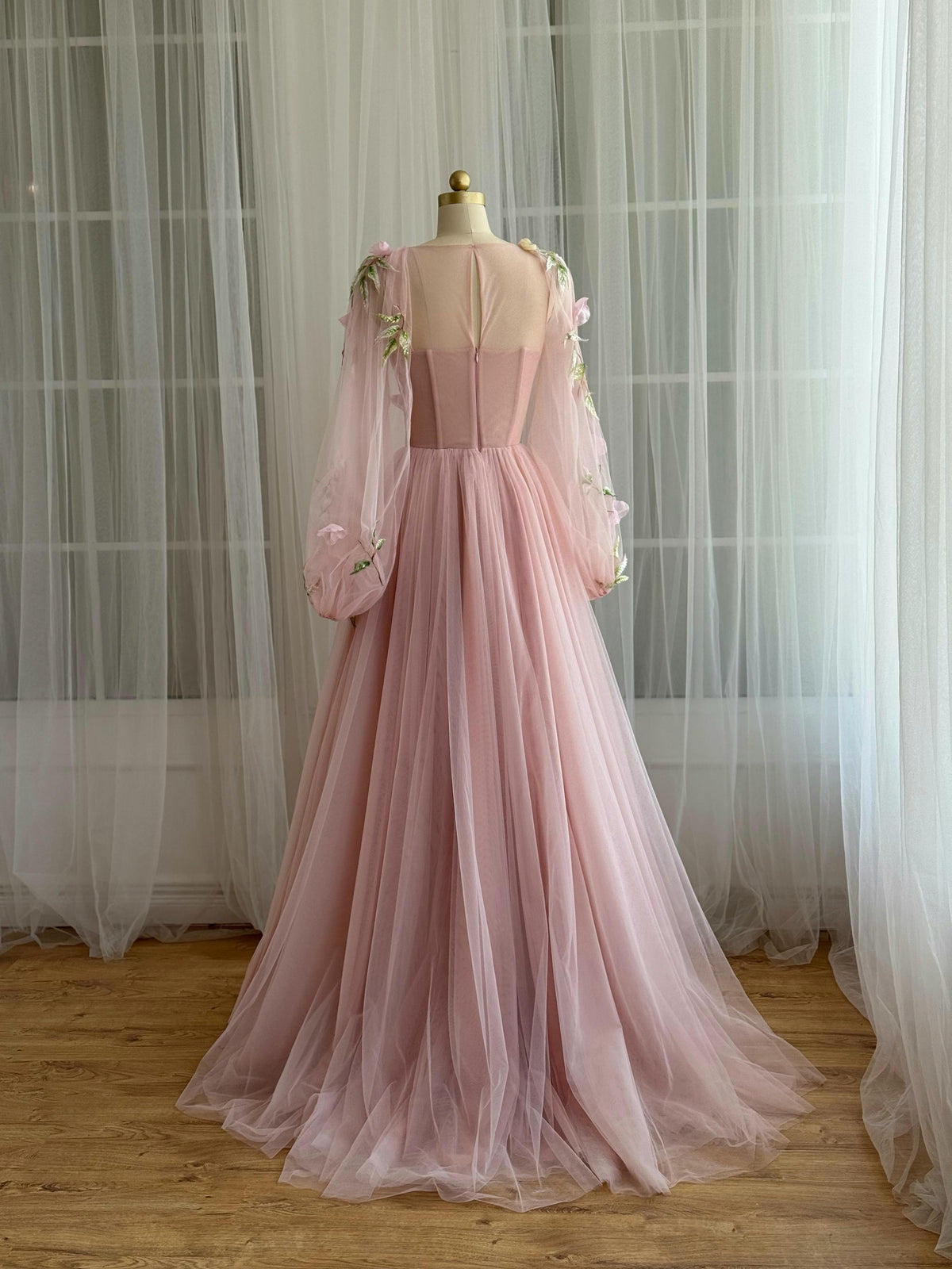 Pink A-Line gown with tulle, long sleeves and embroidery