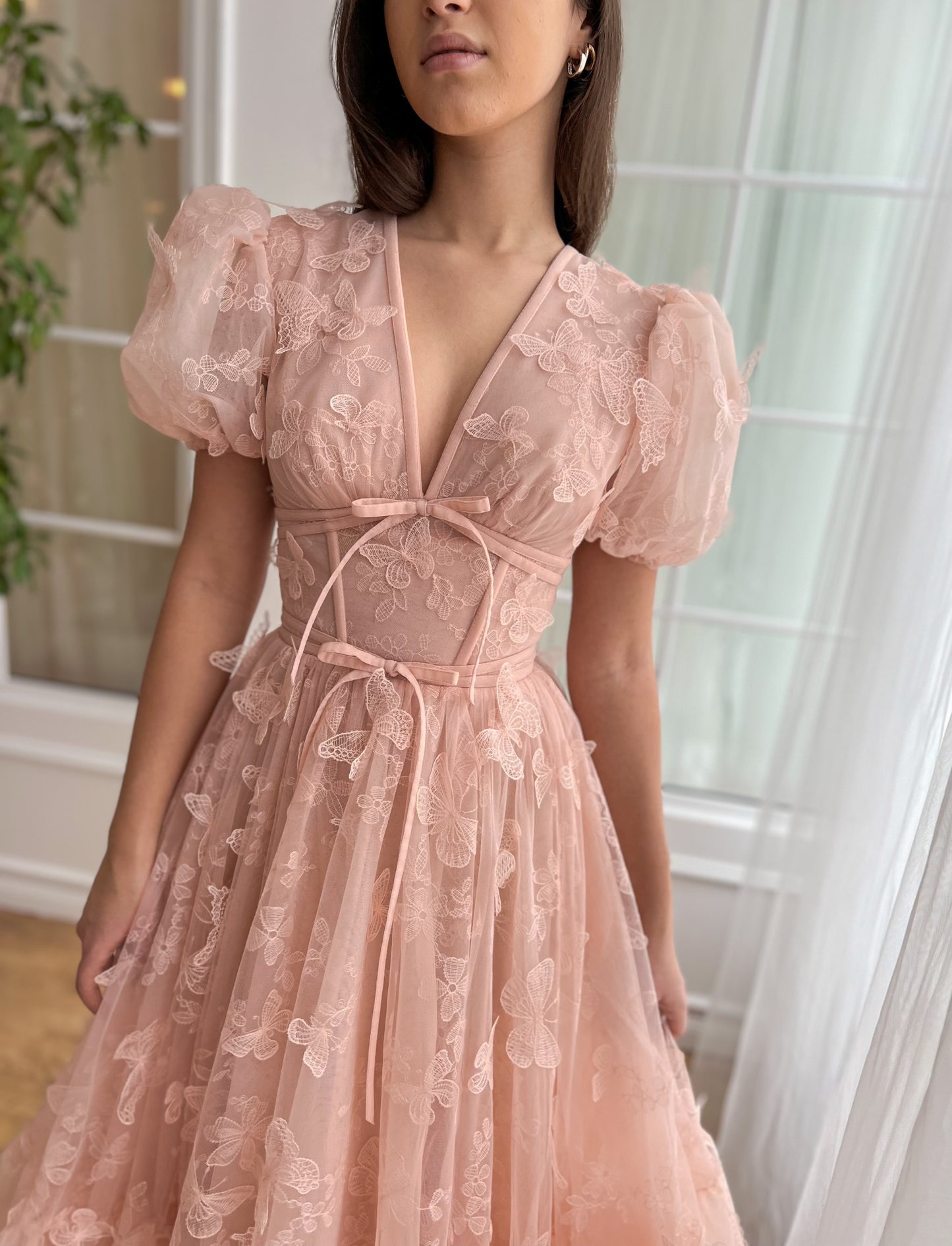 Pink A-Line dress with short sleeves, v-neck and embroidered butterflies