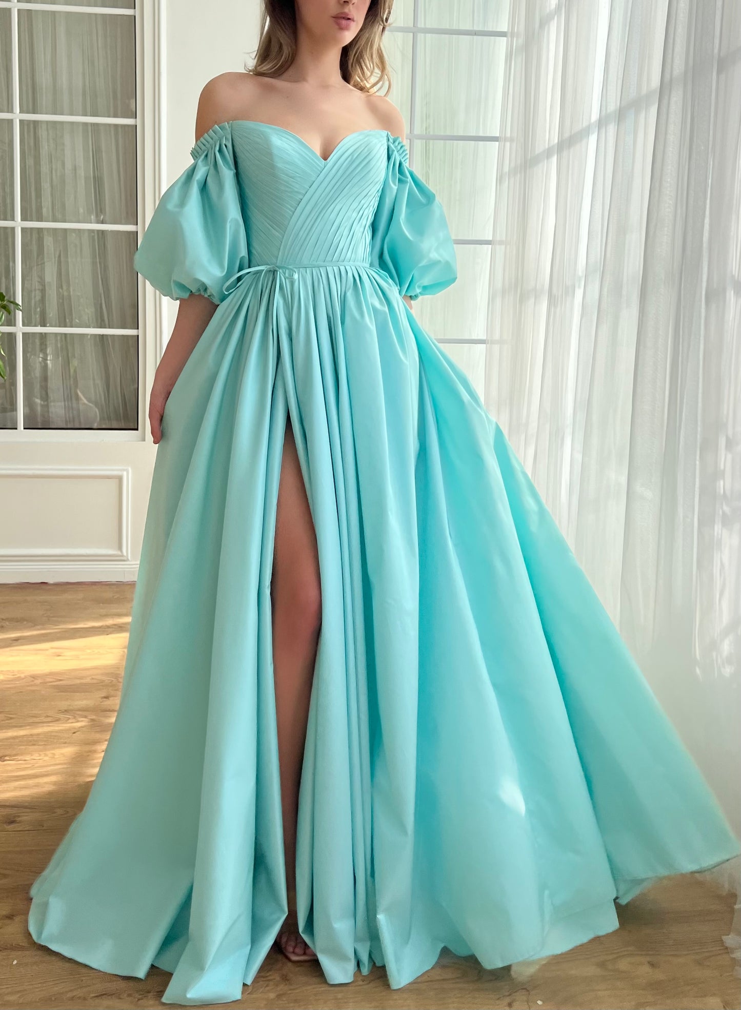 Blue A-Line dress with short off the shoulder sleeves