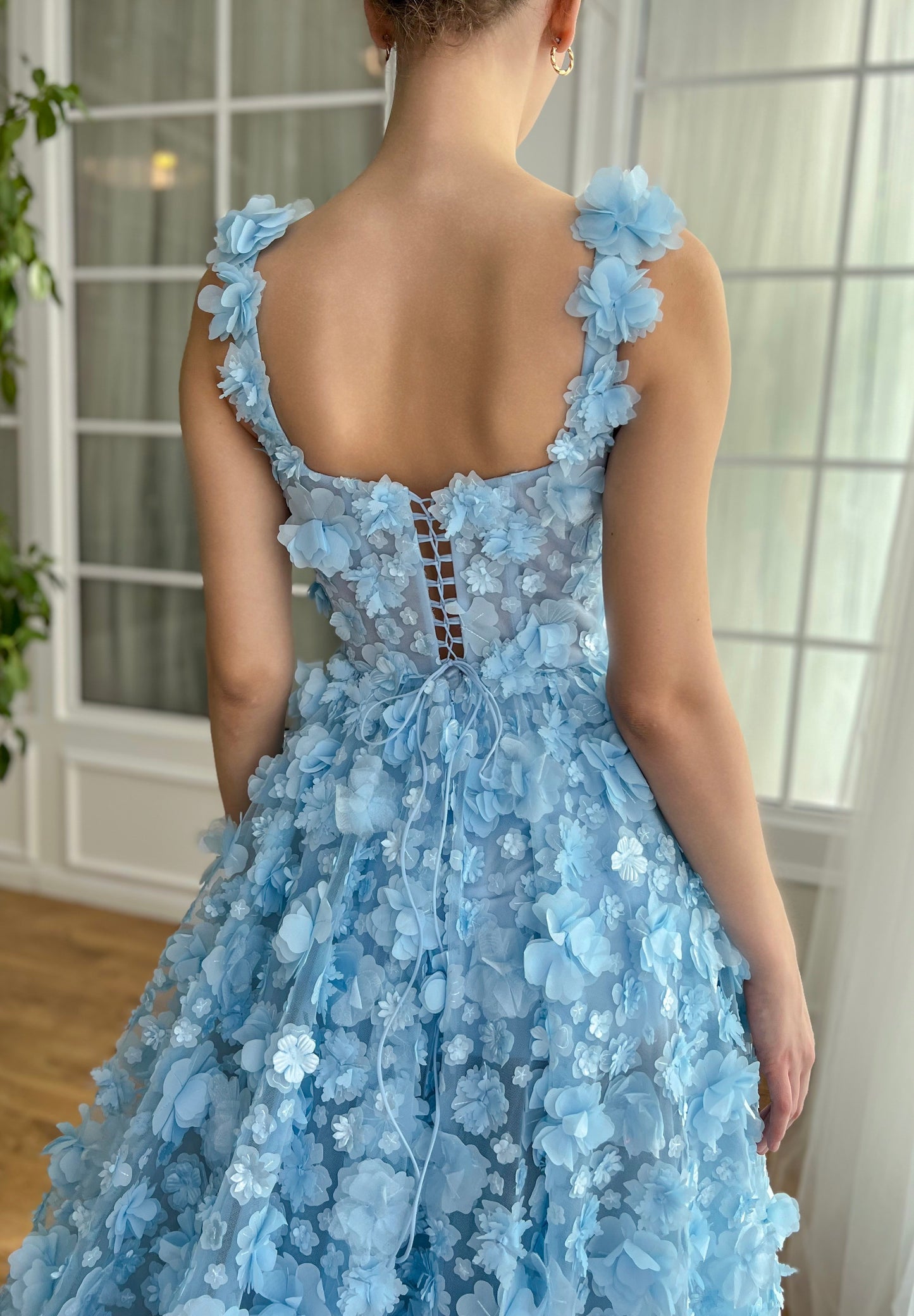 Blue A-Lin dress with straps and embroidery