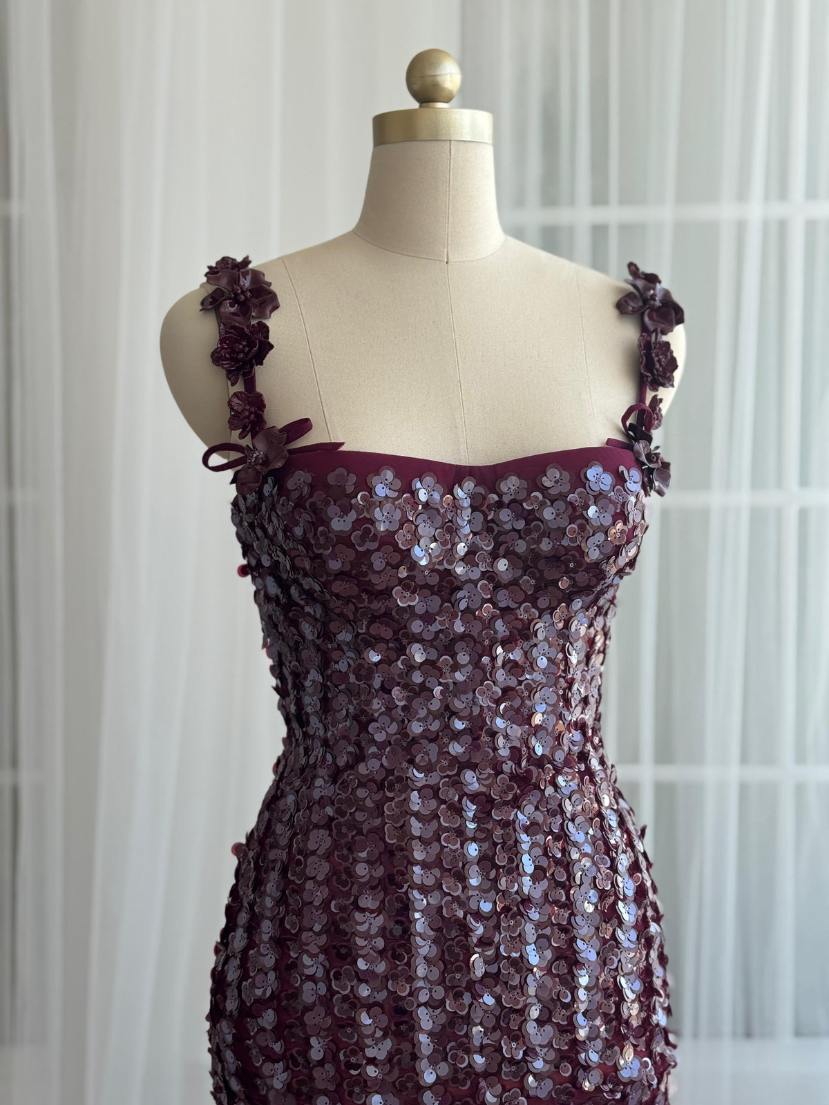 Purple mermaid dress with straps, embroidery and sequins