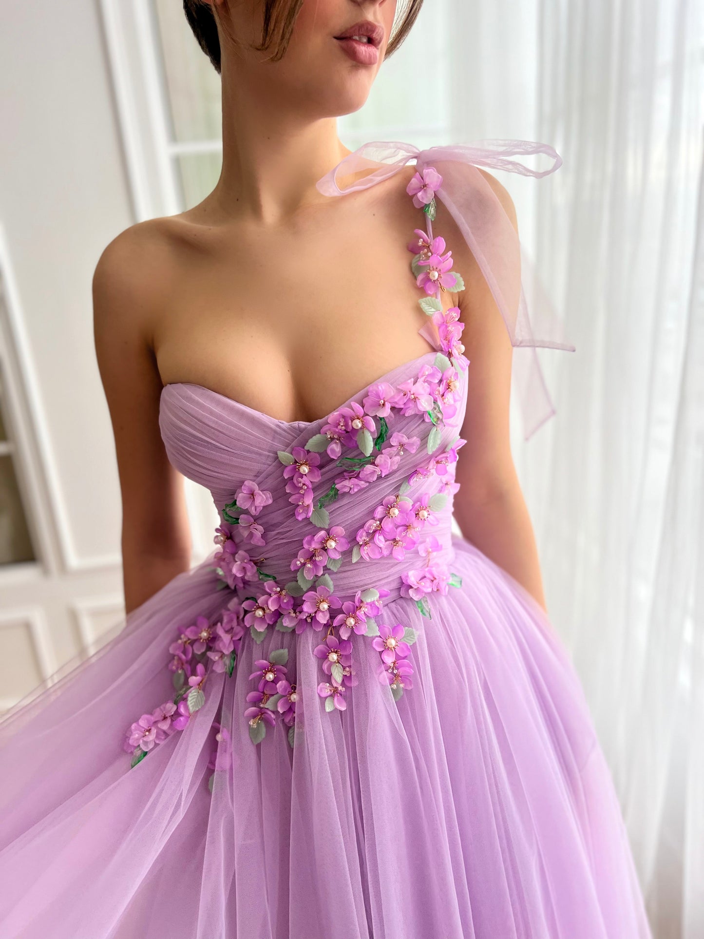 Purple midi dress with one shoulder strap and embroidered flowers